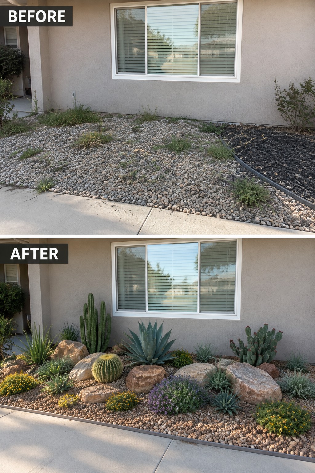 Before-and-after image of a weedy gravel front yard changed into defined planting beds with drought-tolerant succulents, cacti, rocks, and low shrubs.