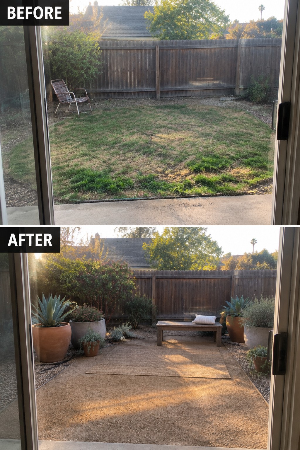Before-and-after backyard: patchy lawn with chair above, gravel garden with bench and potted plants below.