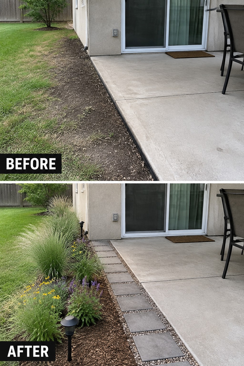 Before-and-after patio edge transformed from bare dirt to garden with plants and pavers.