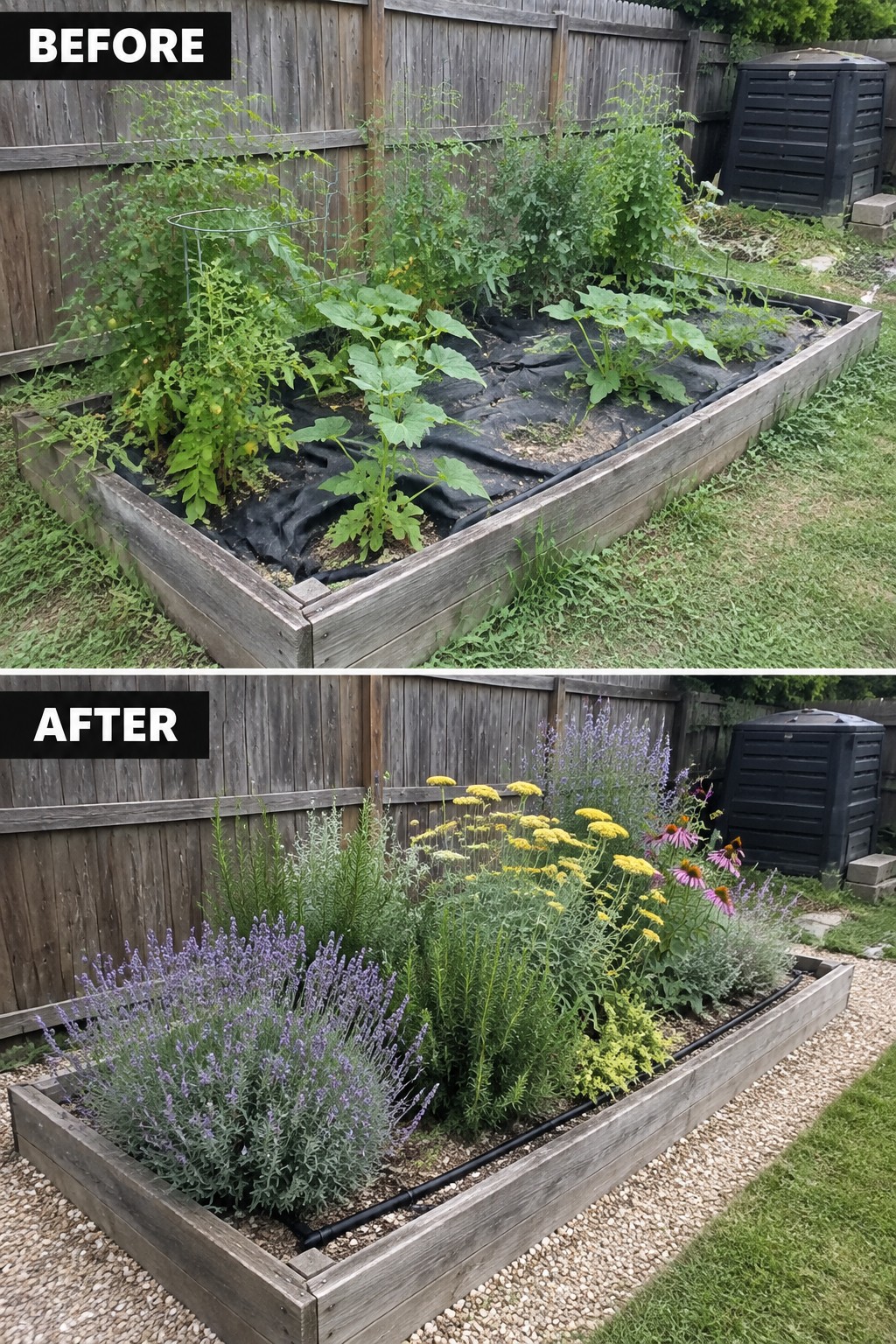 Before and after of raised bed: overgrown weeds versus blooming lavender and yellow flowers.