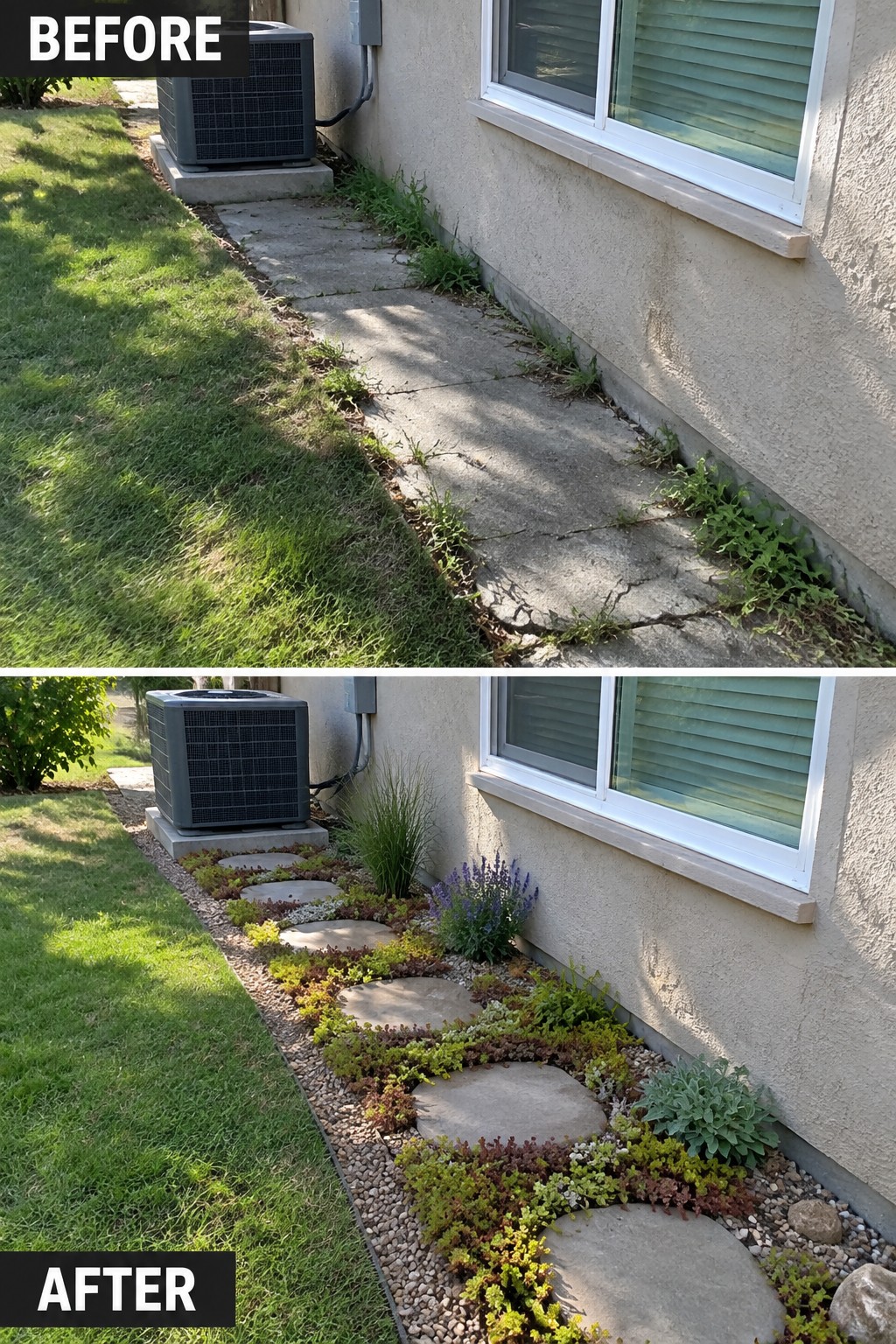 Before and after of weedy path beside house transformed into colorful garden with stones and plants.