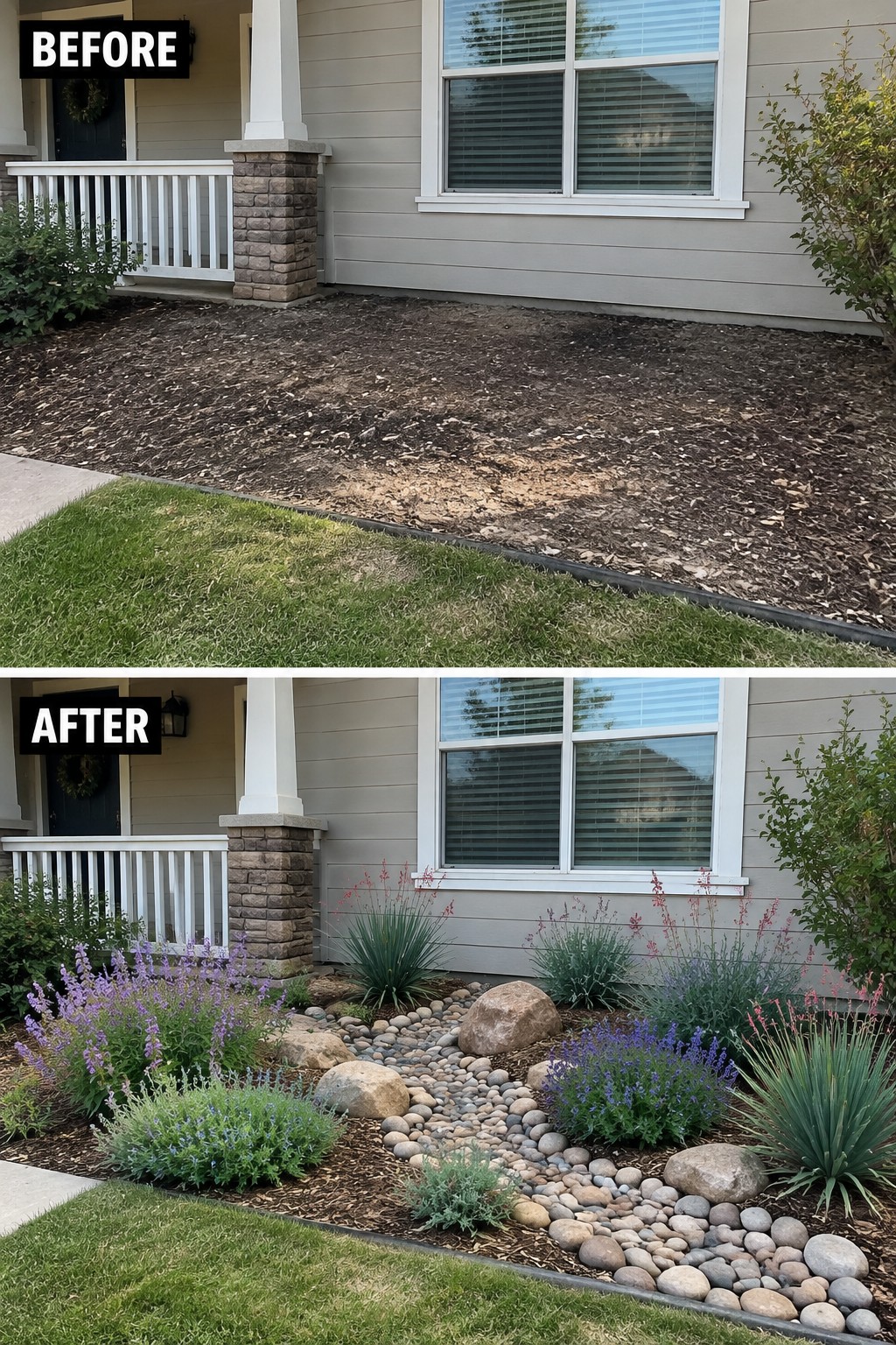 Before and after of bare dirt yard transformed into rock garden with purple flowers