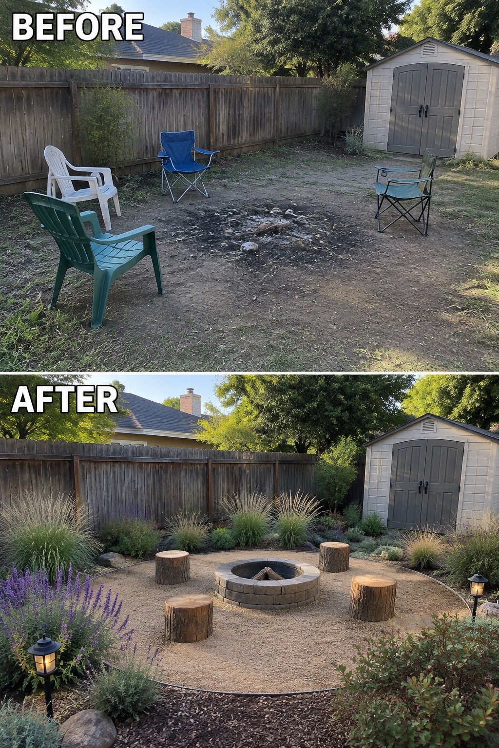 Before-and-after image of a bare backyard with scattered chairs changed into a defined gravel fire pit area surrounded by grasses and drought-tolerant plants.
