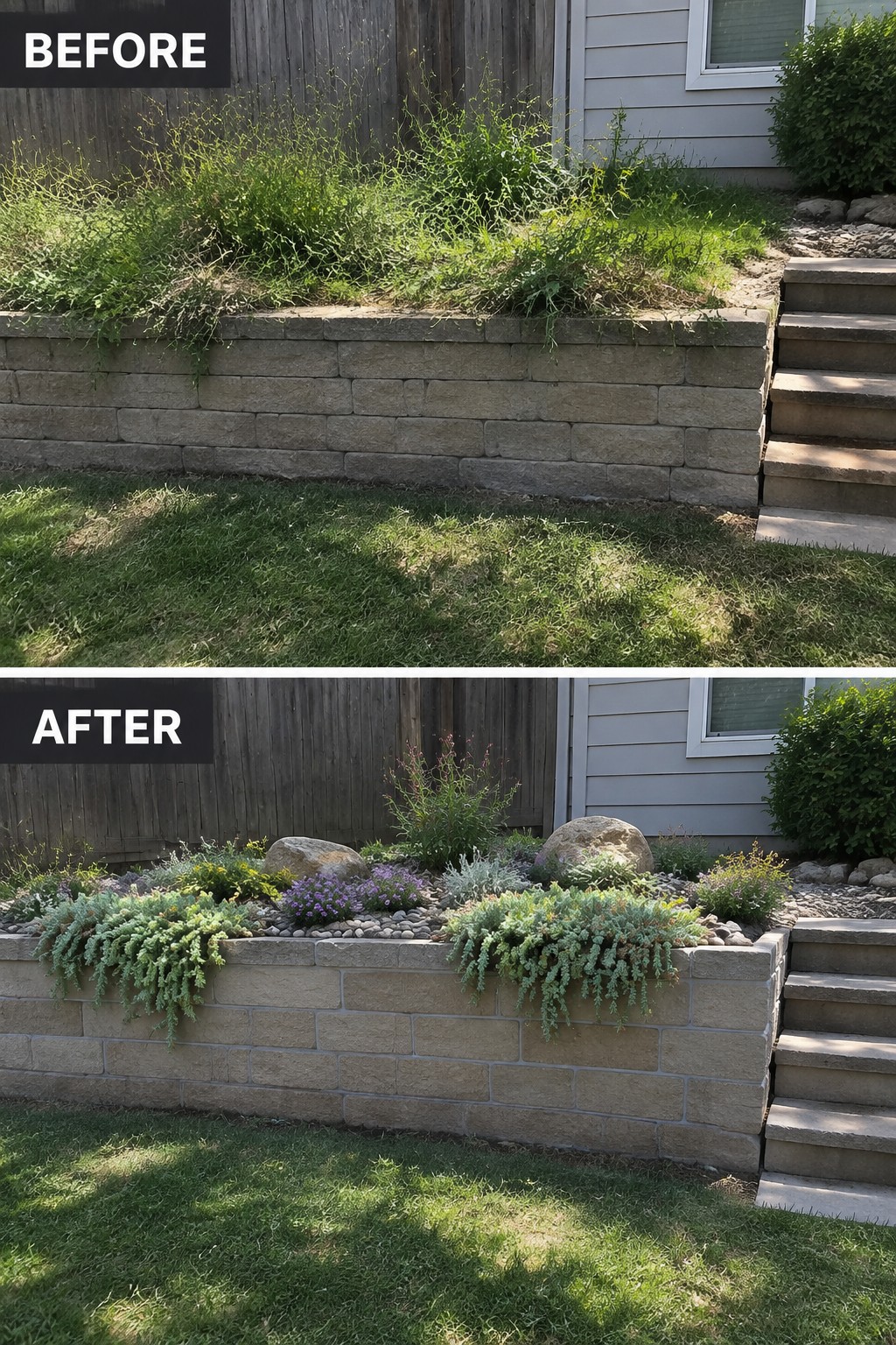 Before-and-after view of retaining wall garden, from weeds to succulents and rocks.