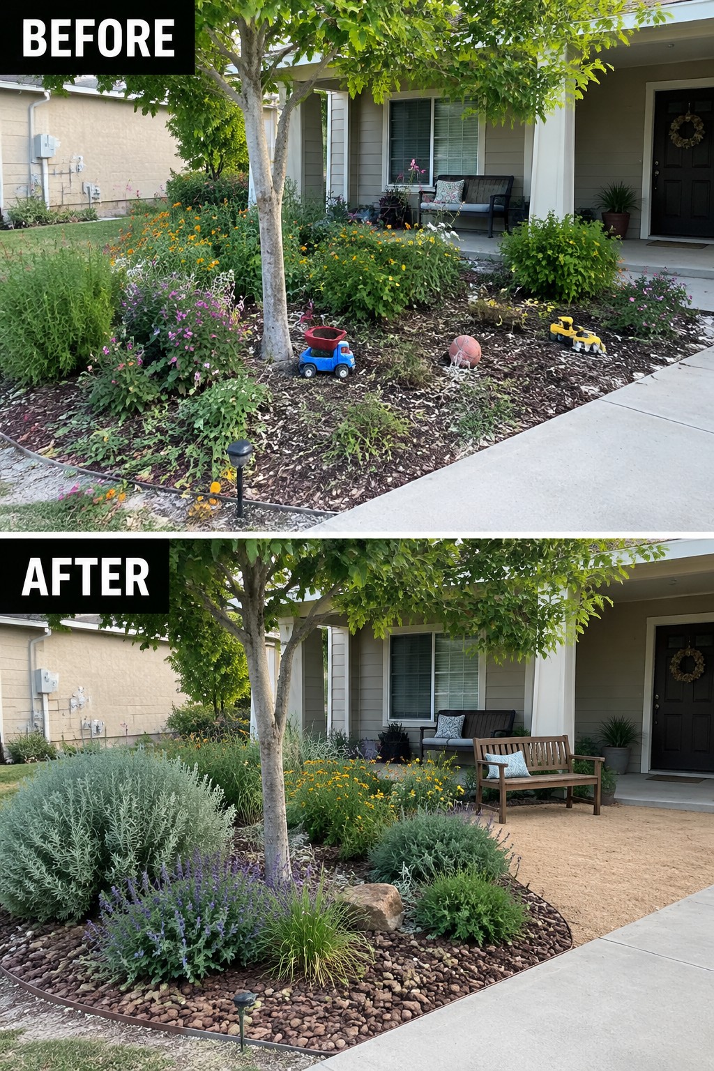 Before and after front yard garden makeover with new landscaping and wooden bench