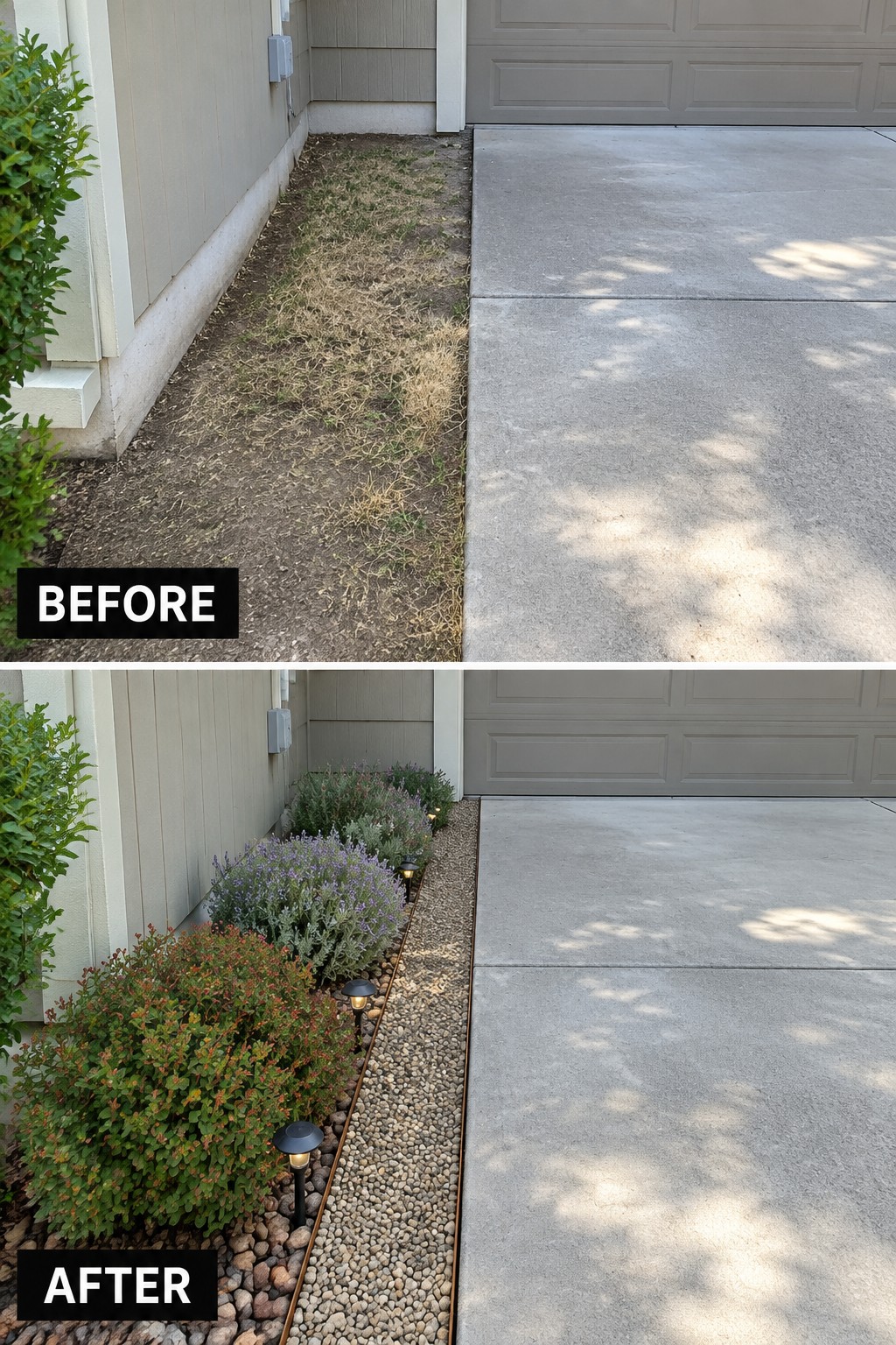 Before-and-after landscaping of a gravel bed with plants and lights beside driveway.