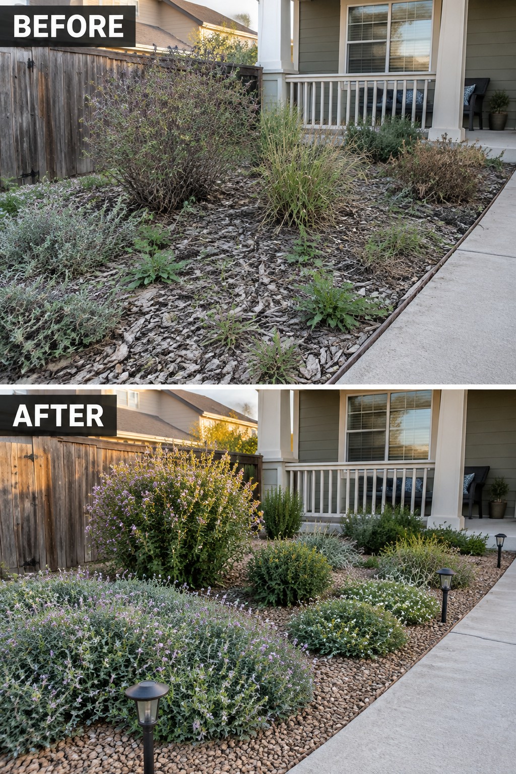 Garden bed before and after landscaping from overgrown weeds to flowering plants and lights.