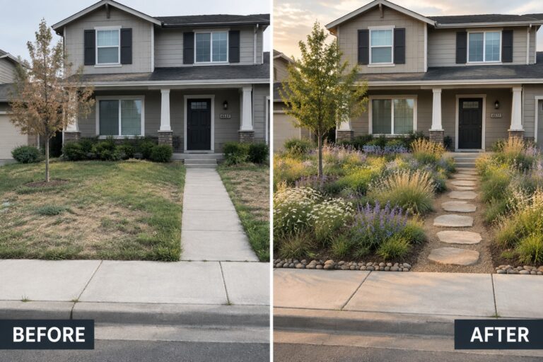 Before and after of a front yard: dry patchy lawn transformed into blooming garden with stone path.