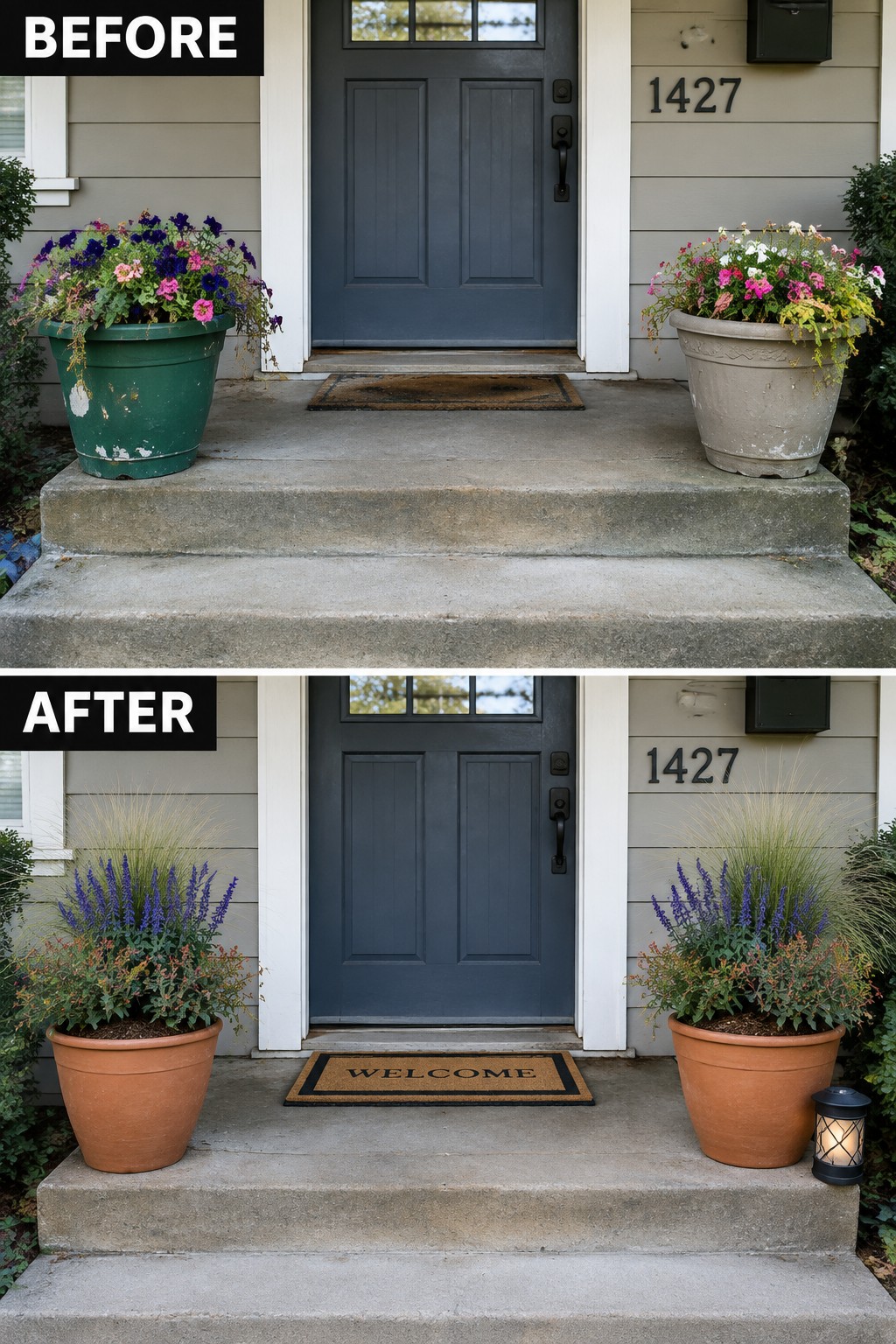 Before-and-after porch with old green pots replaced by terracotta planters and welcome mat.