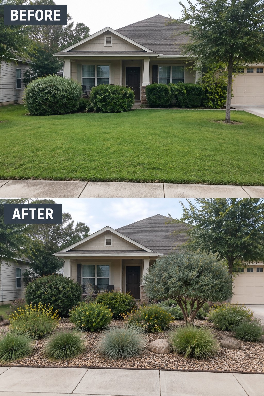 Before and after of beige house yard changed from lawn to rock garden with plants