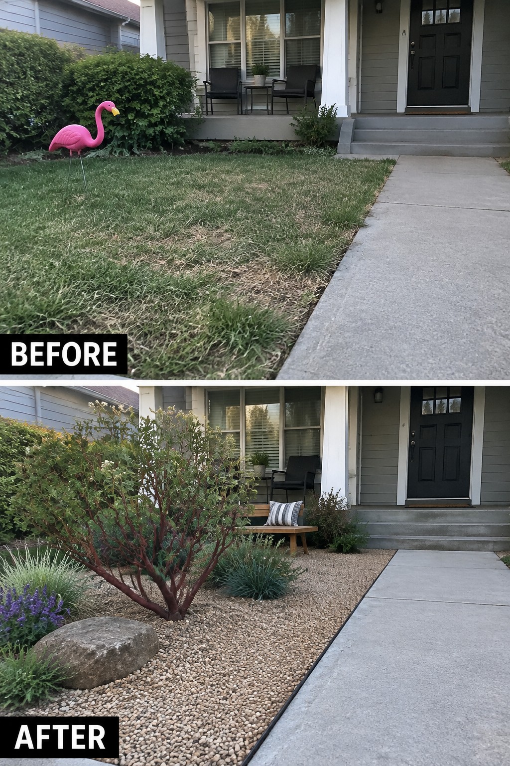 Before-and-after image of a front yard where patchy grass was replaced with gravel, planting beds, and drought-tolerant shrubs.
