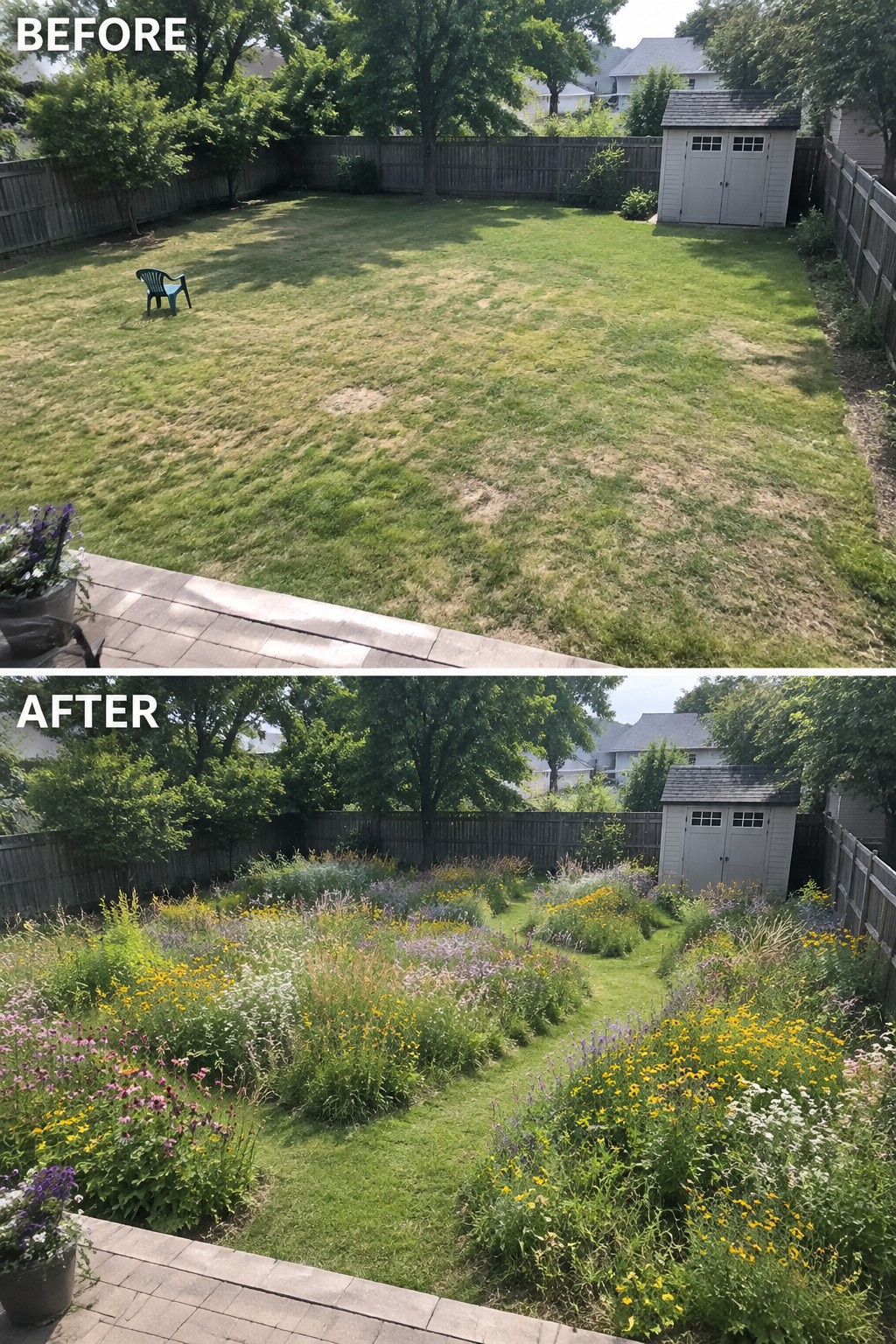 Before and after of backyard lawn transformed into colorful wildflower garden with paths.