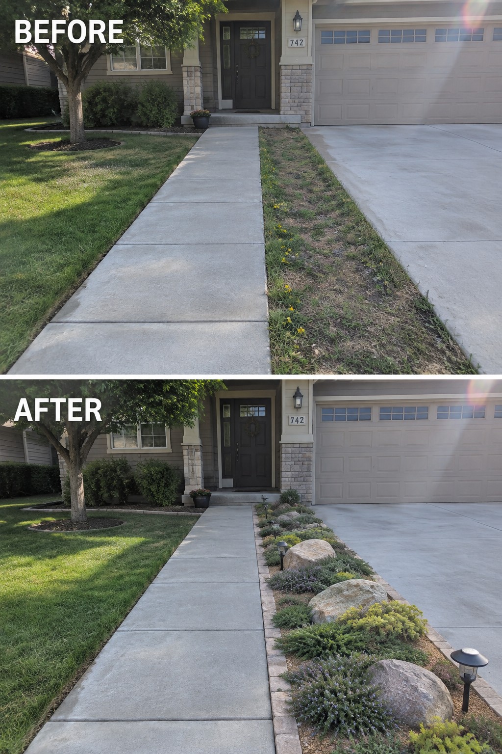 Before and after of walkway strip landscaped with rocks, plants, and lights.