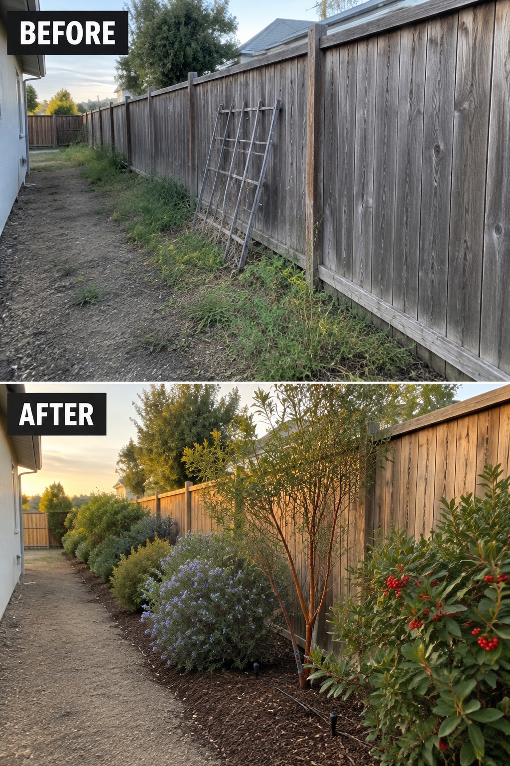 Before-and-after image of an overgrown dirt strip along a wooden fence changed into a mulched planting bed with layered shrubs and flowering plants.