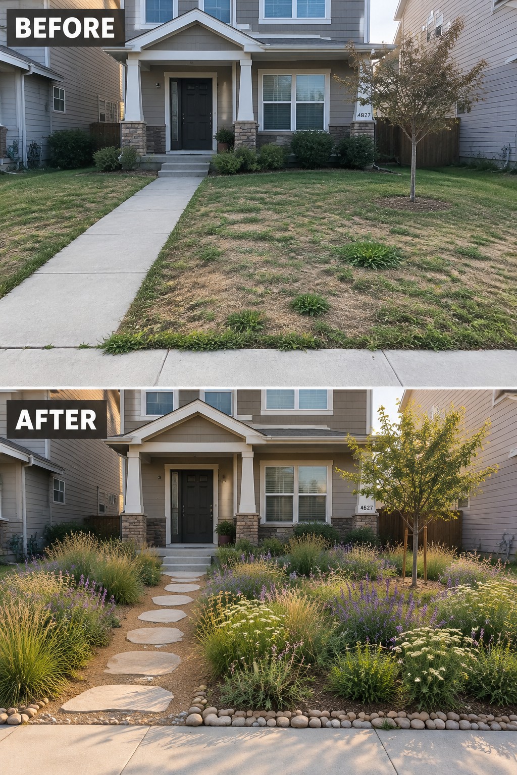 Before and after of a front yard: dry patchy lawn transformed into blooming garden with stone path.