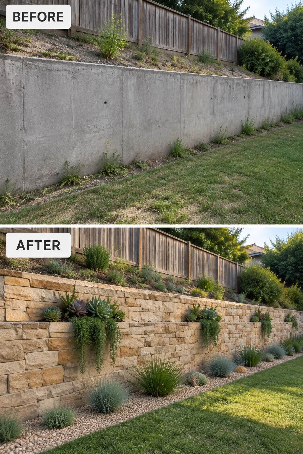 Before-after view of concrete retaining wall upgraded to stone with succulents and landscaping.