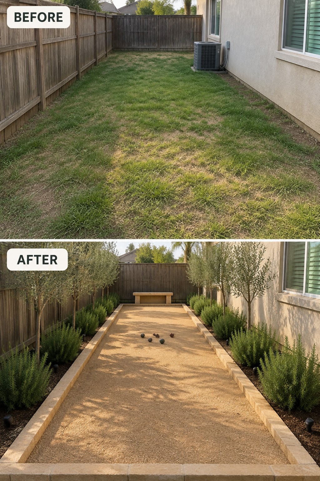 Before patchy lawn and after bocce court with olive trees bench and gravel