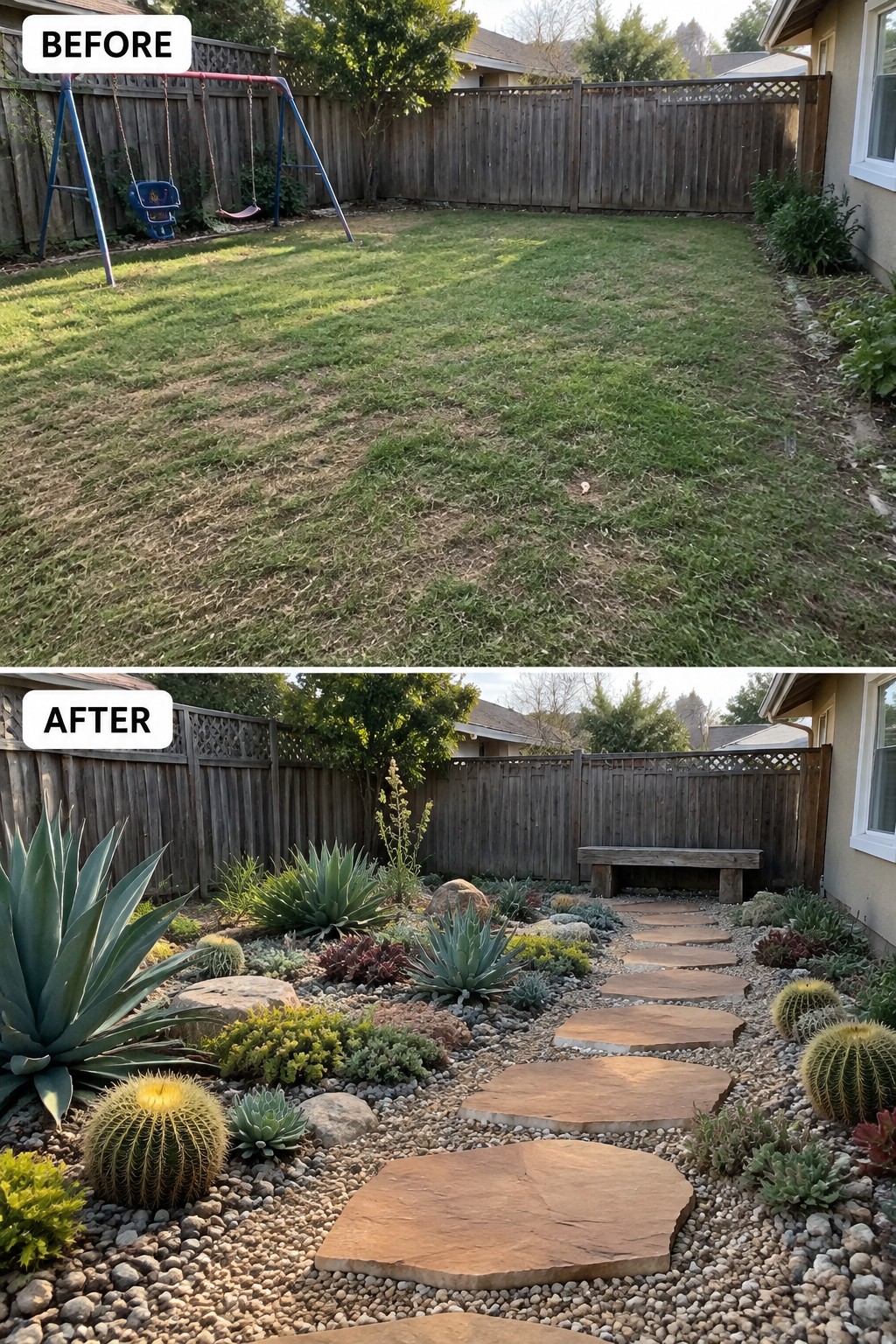 Before-and-after image of an overgrown backyard lawn changed into a garden with a stone path, gravel, and drought-tolerant plants.