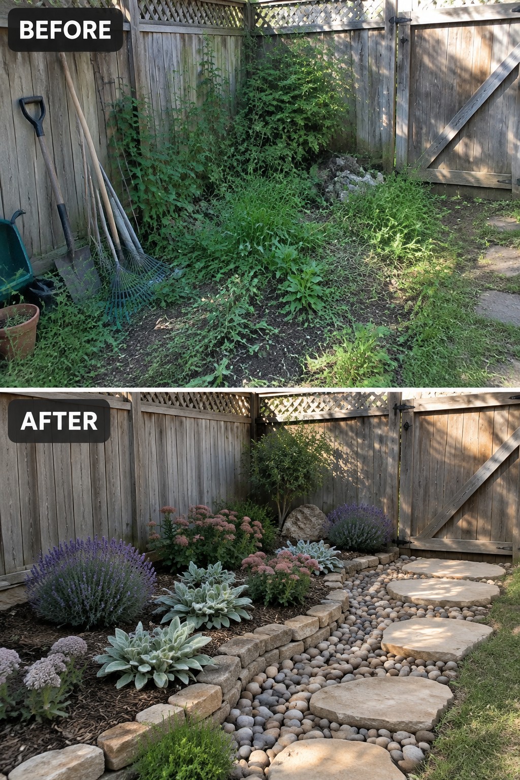 Before-and-after image of an overgrown backyard changed into a landscaped garden with curved stone borders, pebble paths, stepping stones, and drought-tolerant plants.