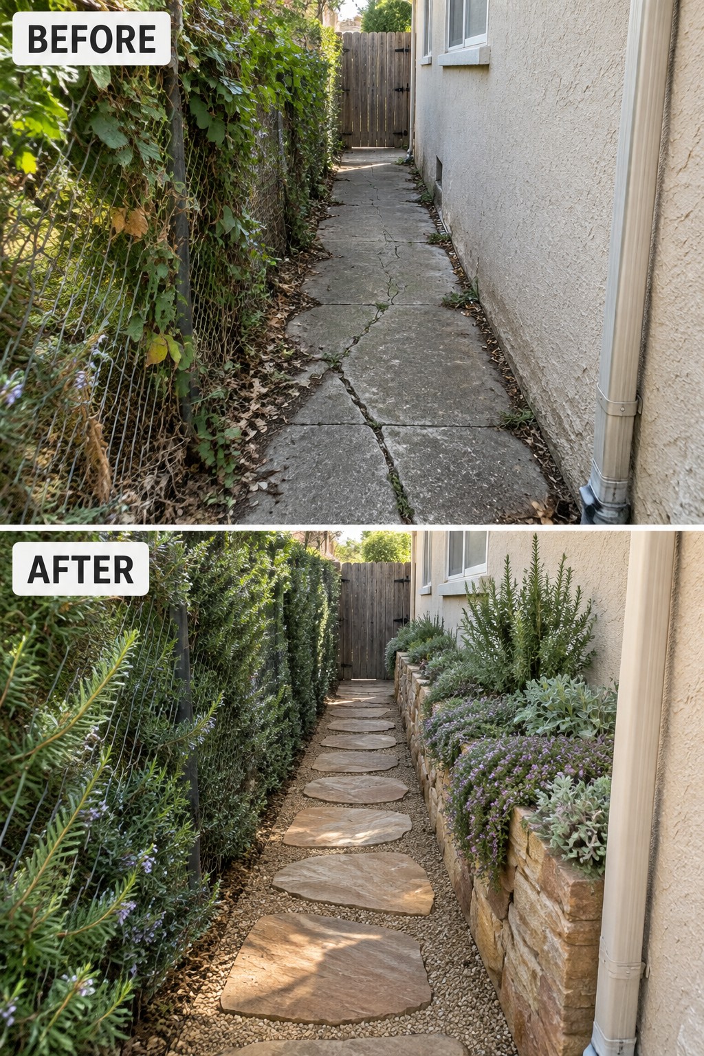 Before-and-after image of a narrow side path with cracked concrete and overgrowth changed into a gravel walkway with stepping stones, a stacked stone retaining wall, and drought-tolerant plants.