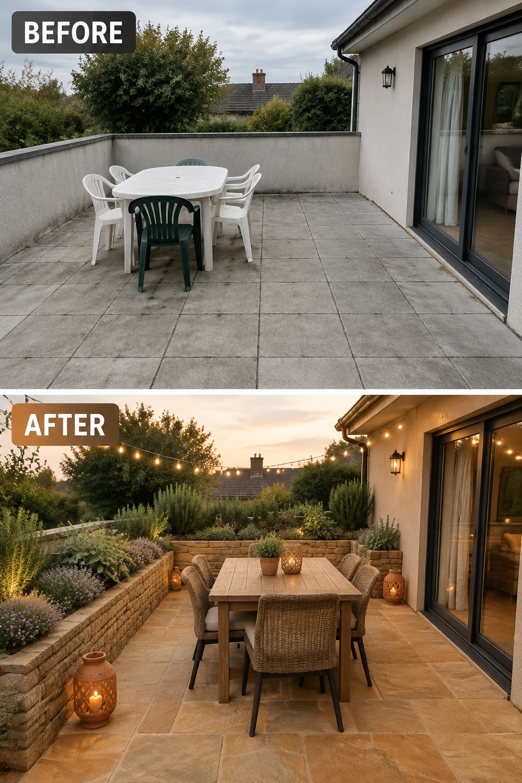 Before and after of patio transformed with wooden furniture, plants, and string lights.