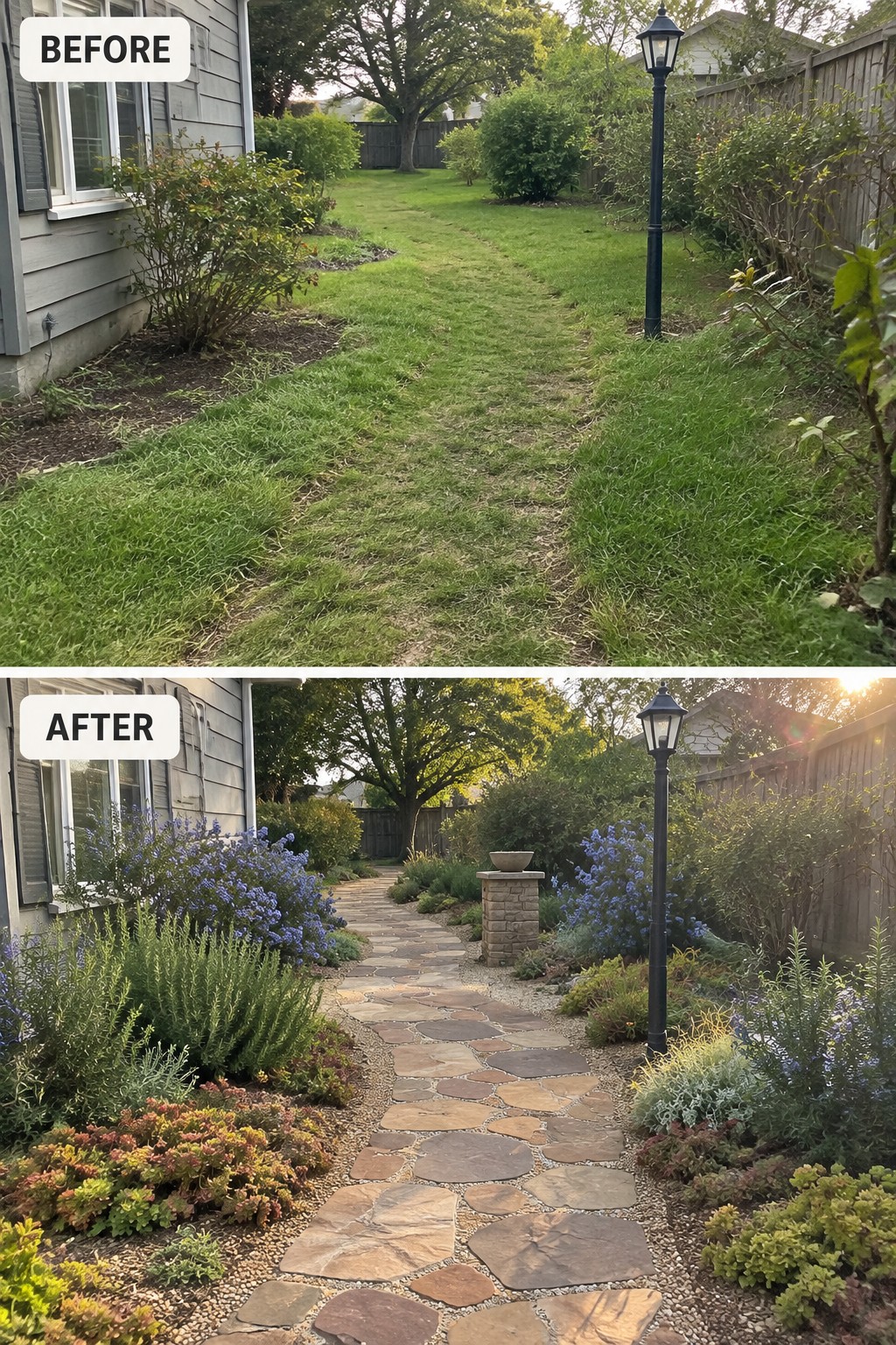 Before and after of backyard path: worn grass replaced by stone walkway with colorful plants.