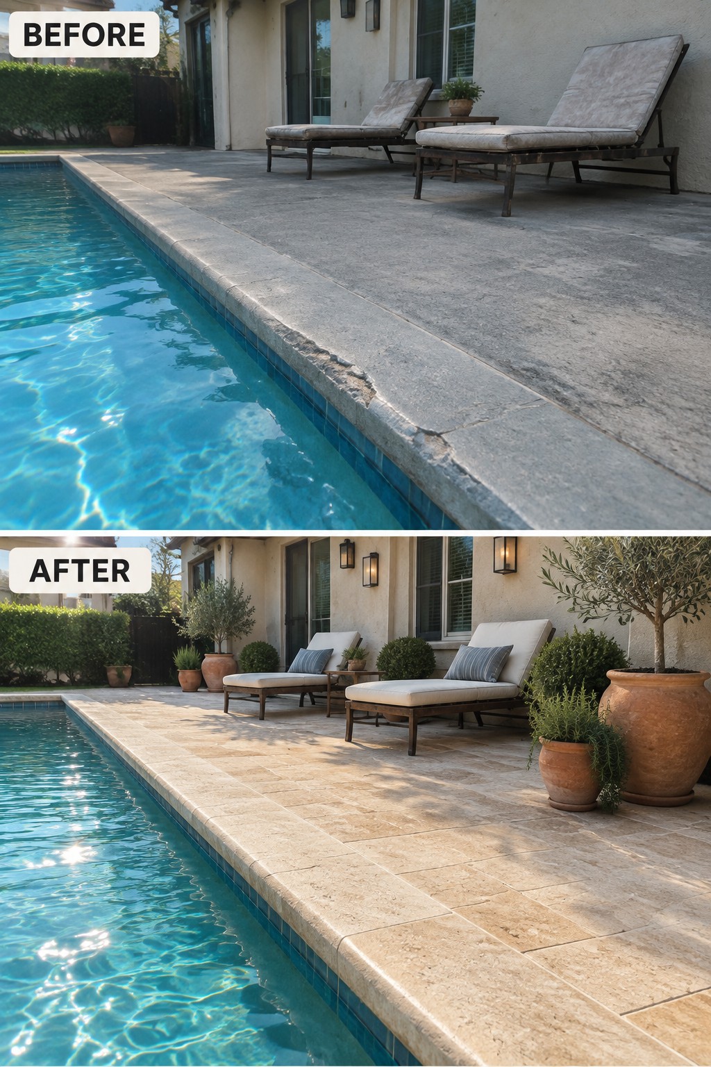 Before cracked concrete pool deck and after beige tile patio with lounge chairs and plants.