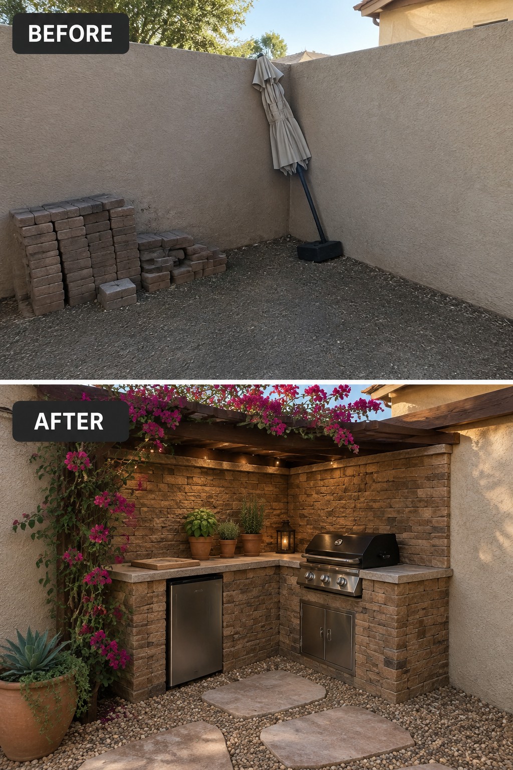 Before and after of gravel patio corner transformed into stone outdoor kitchen with grill and flowers