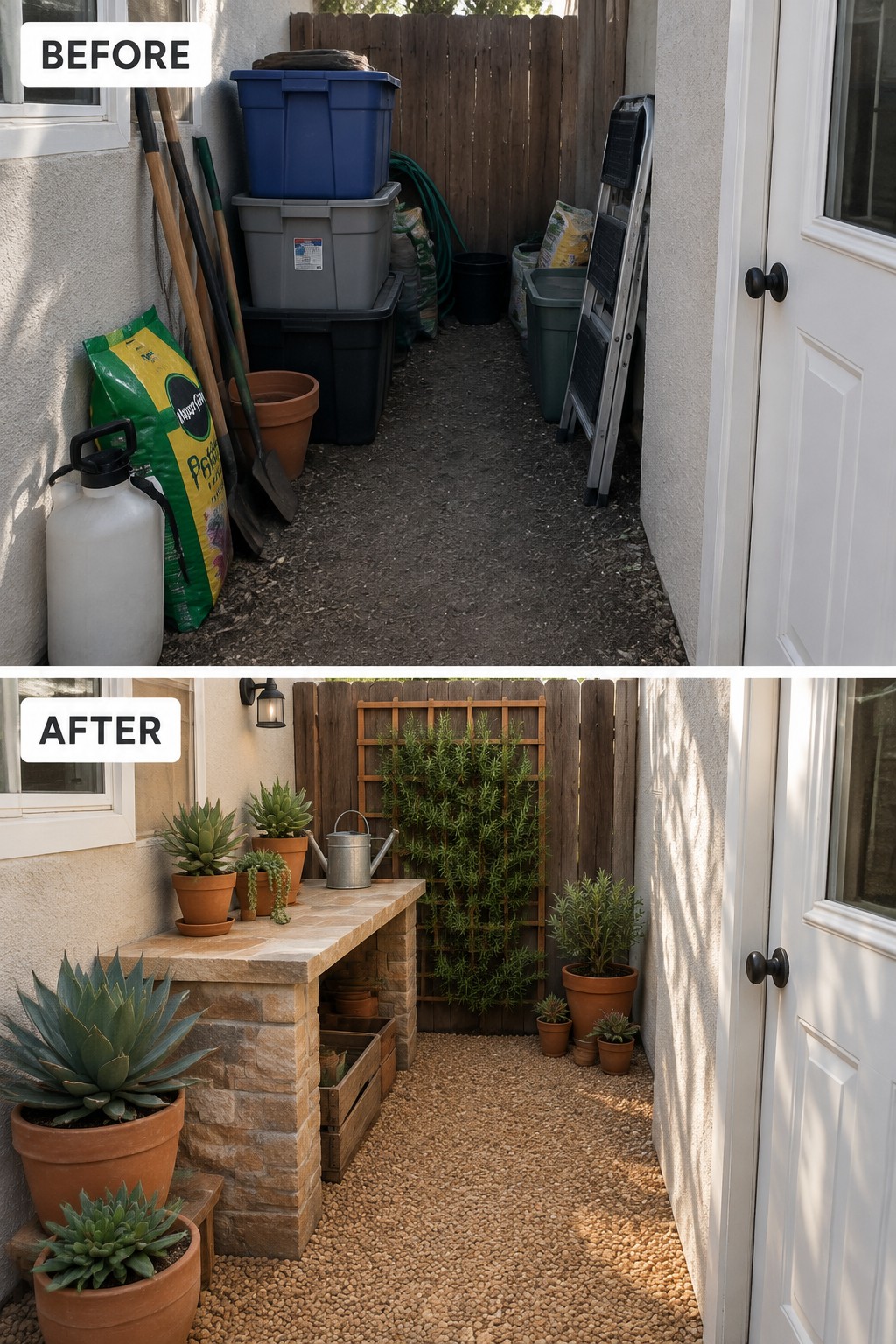 Before-and-after image of a cluttered side yard changed into a clean gravel path with potted succulents, a stone bench, and a trellis.