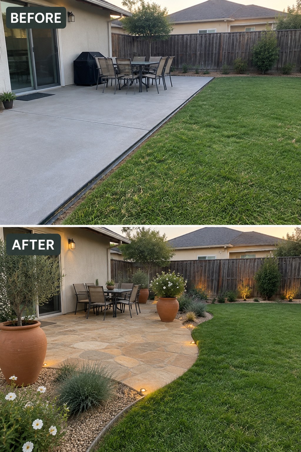 Before concrete patio and after curved stone patio with potted plants and lights