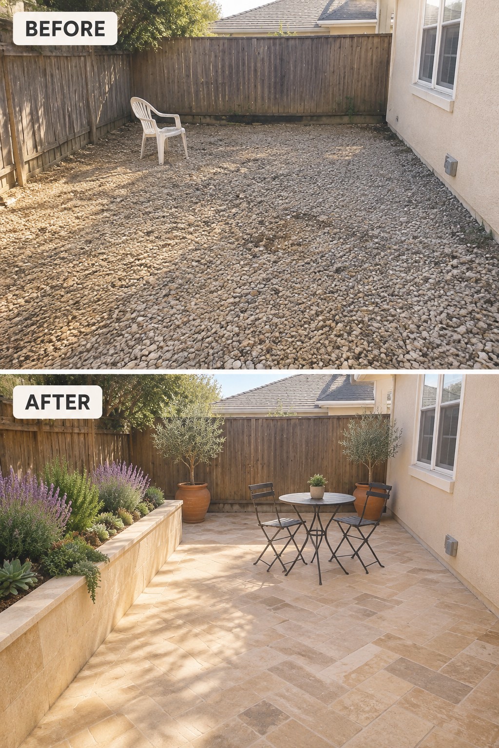 Before and after backyard transformation from gravel to stone patio with plants and furniture