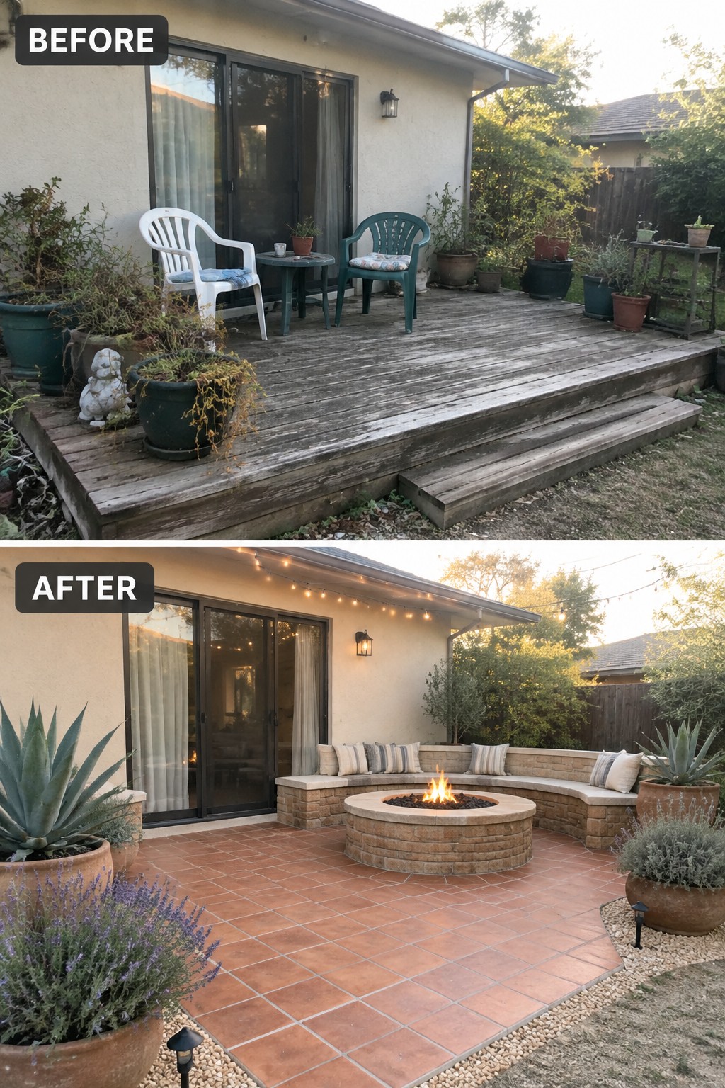 Before and after of backyard deck remodel with tiled patio and stone fire pit.