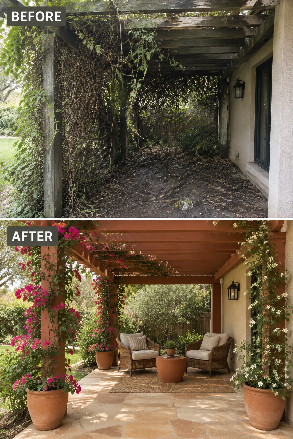 Before-and-after of overgrown pergola renovated into patio with potted pink flowers and seating.
