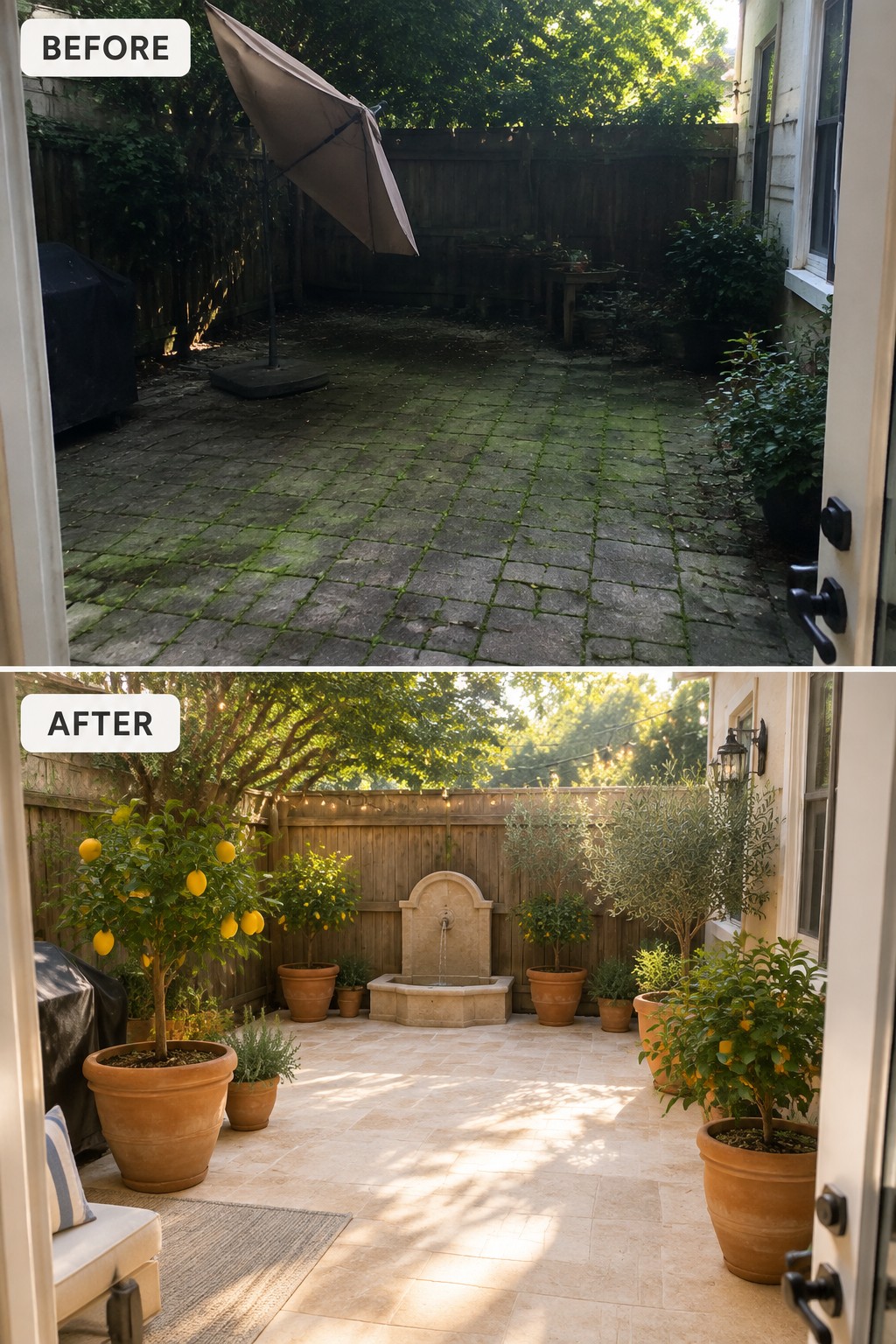 Before-and-after image of a mossy paved backyard transformed into a Mediterranean patio with terracotta pots, citrus trees, and a stone fountain.