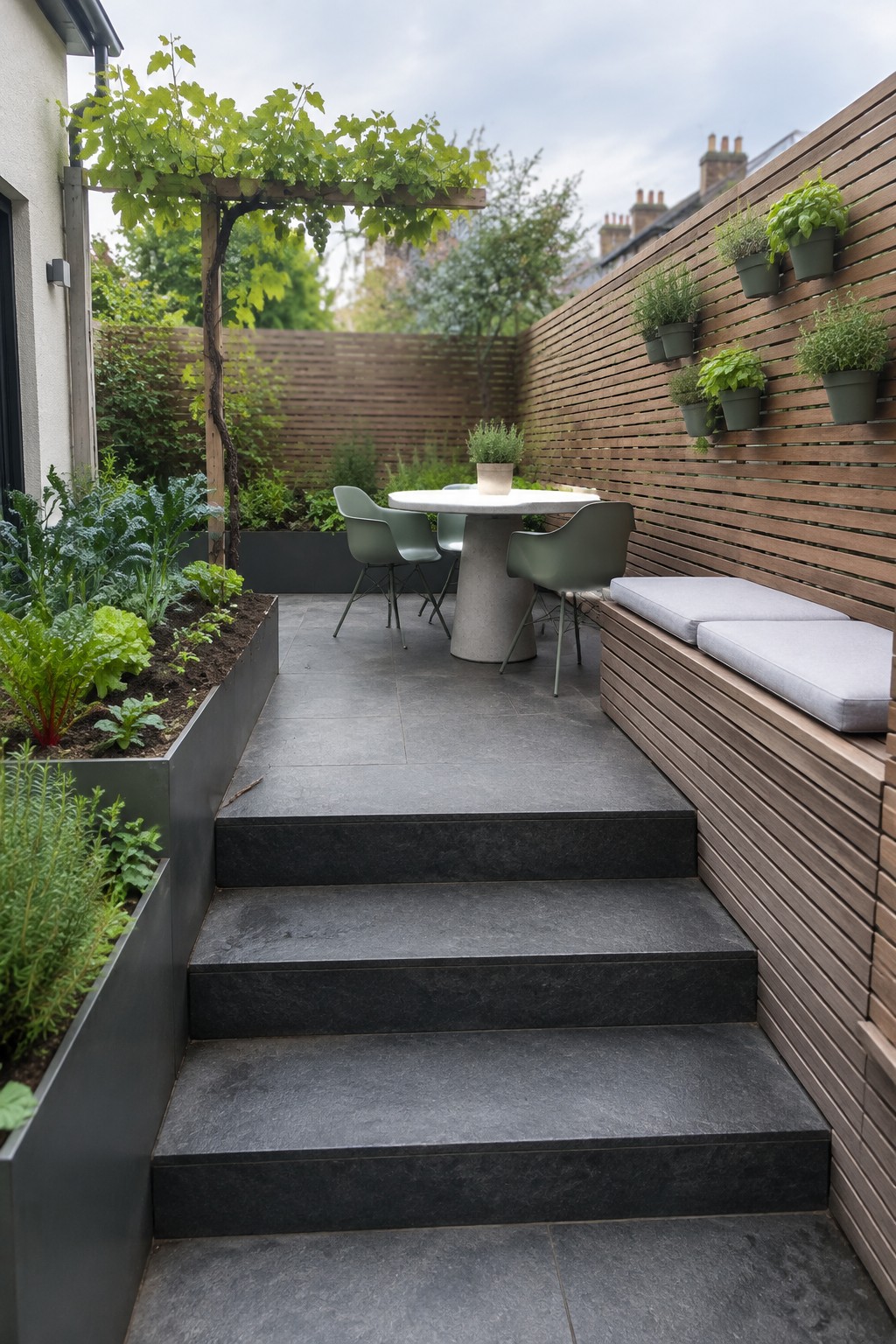 Modern patio with stone steps, round table, green chairs, wooden bench, and plant wall.