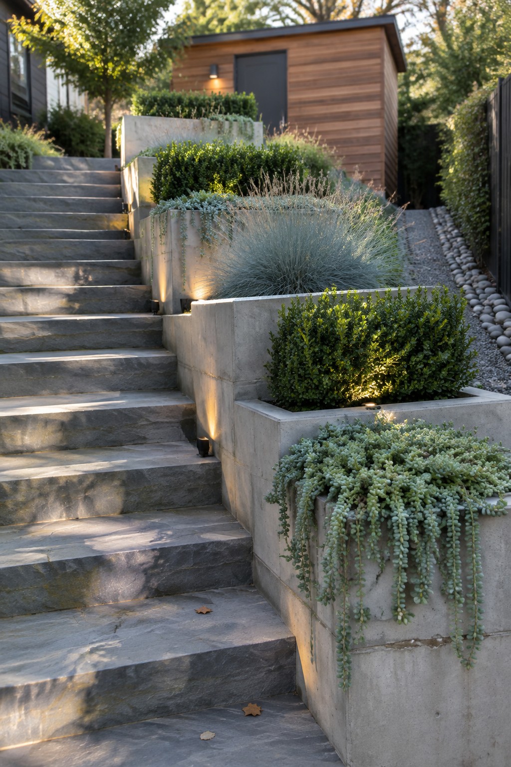 Stone stairs rise beside tiered concrete planters holding shrubs and trailing succulents next to a gravel path.