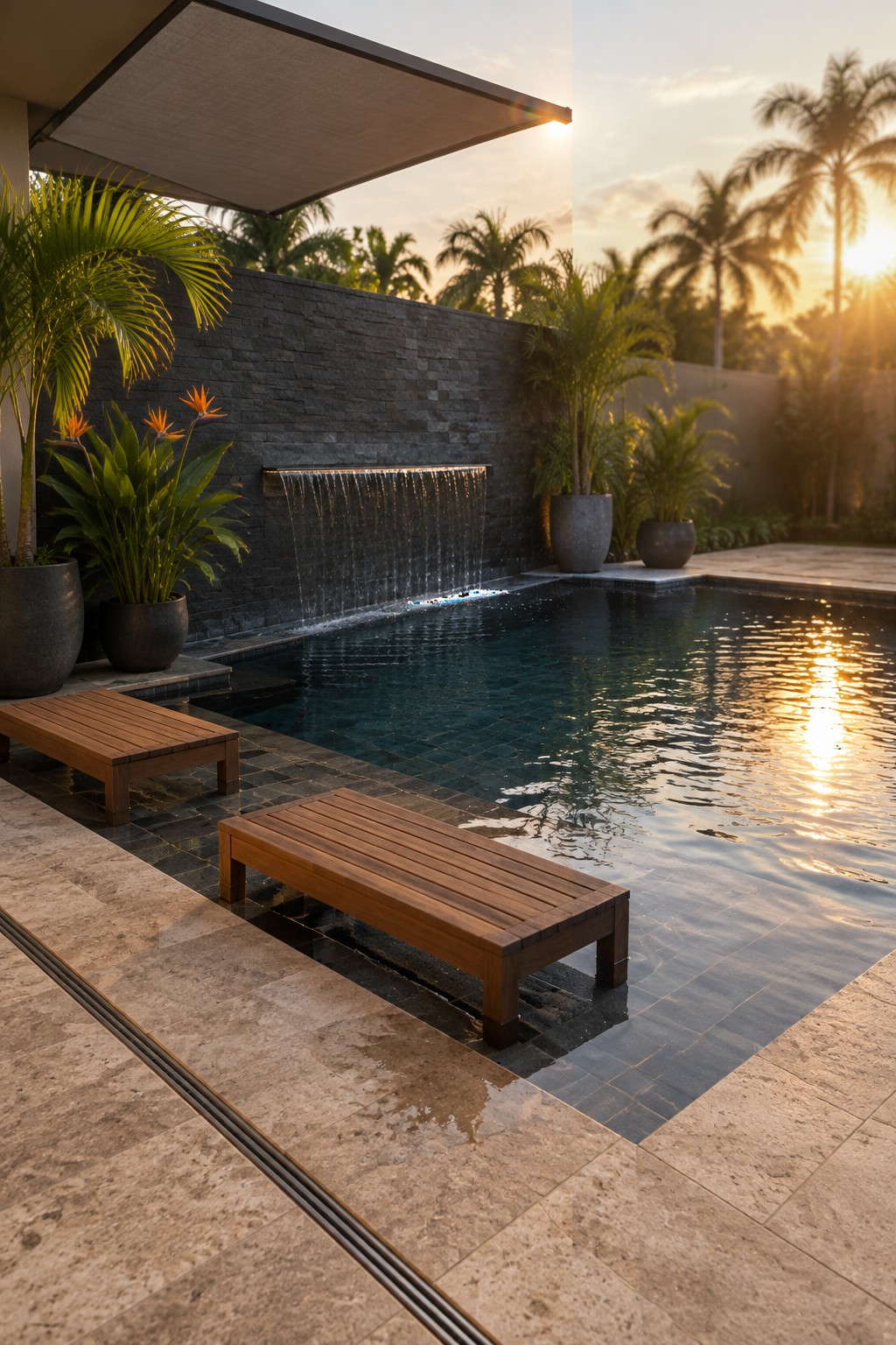 A modern backyard pool with dark tiled decking, a dark stone wall with a built-in waterfall, wooden benches, and potted plants at sunset.