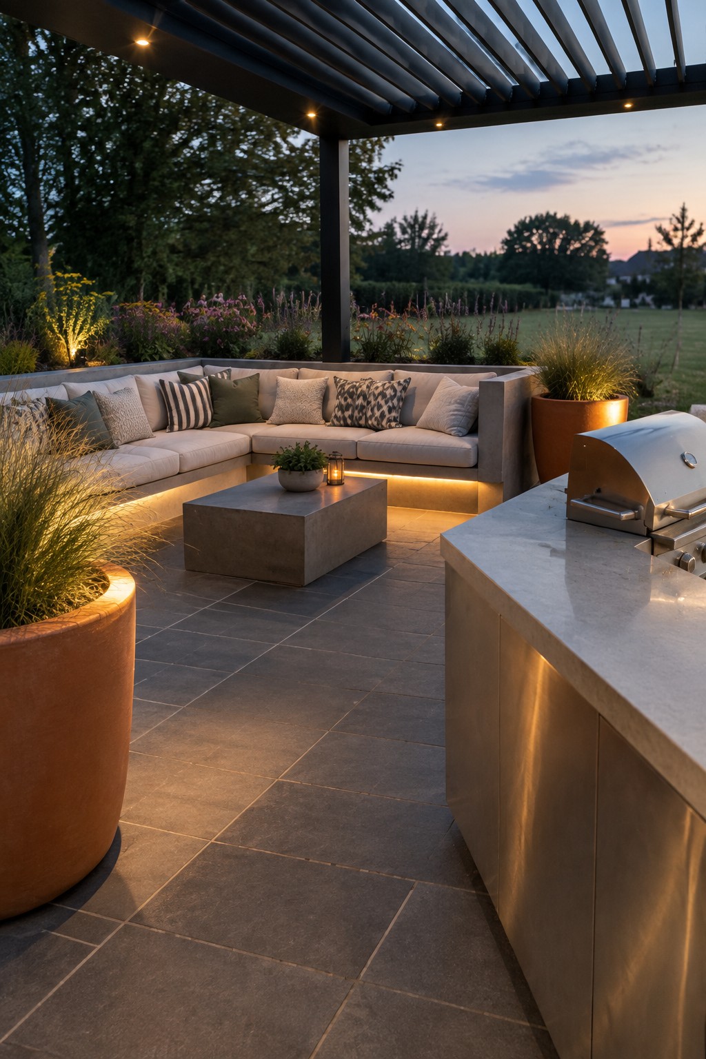 Modern backyard patio with large dark gray tiles, built-in concrete seating, a concrete coffee table, terracotta planters, and a stainless steel grill under a slatted pergola at dusk.