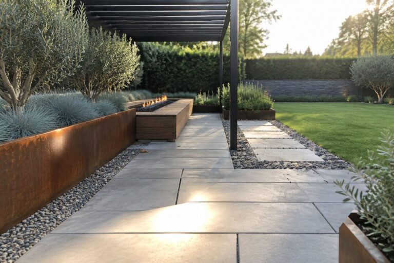 19 Modern Backyard Landscaping Ideas With Clean-Lined Hardscaping Modern garden with stone path, wooden fire pit, rusted planters, and black pergola.