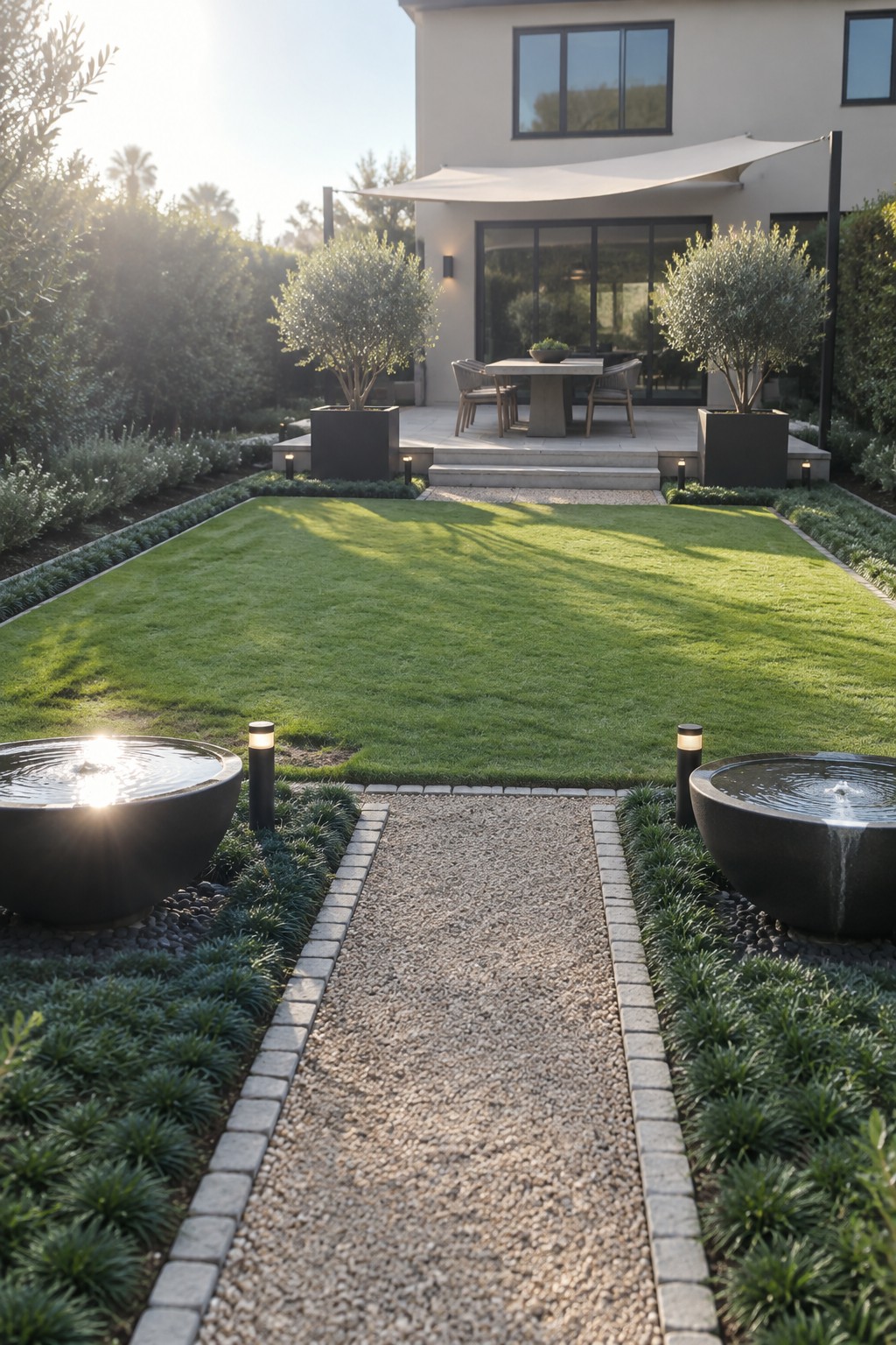 A modern backyard with a central gravel path bordered by gray stone pavers, flanked by two dark round water fountains, leading toward a lawn and a raised patio with outdoor seating.