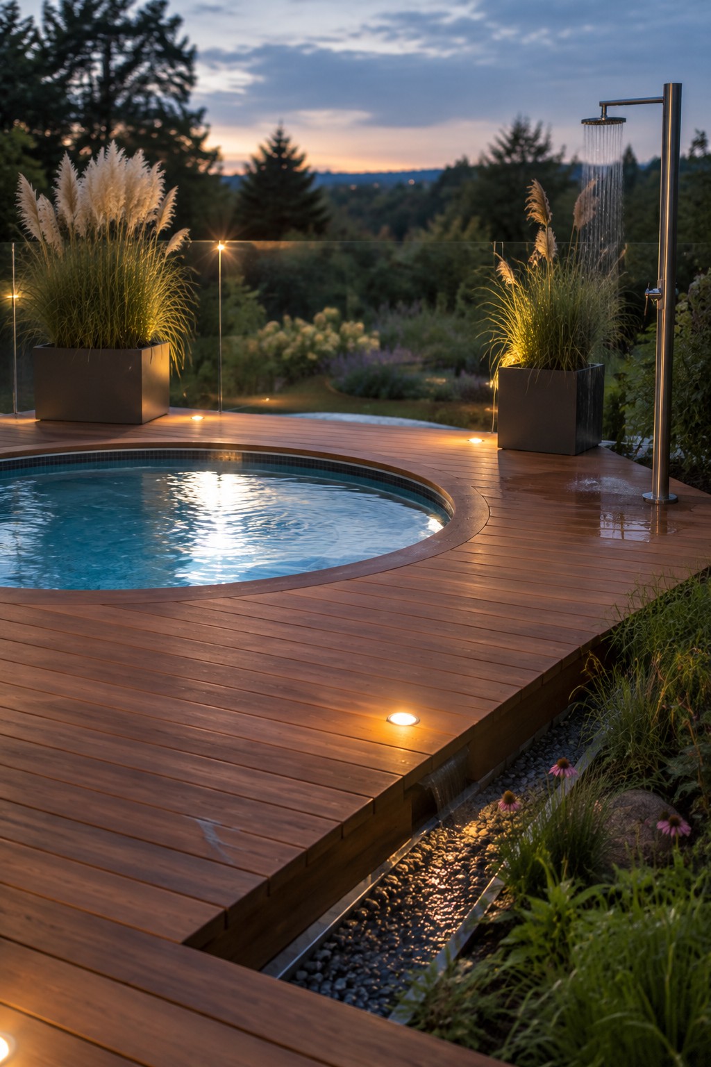 A circular pool is set flush into a wooden deck with inset lights, an outdoor shower on the right, and large planters with tall grasses.