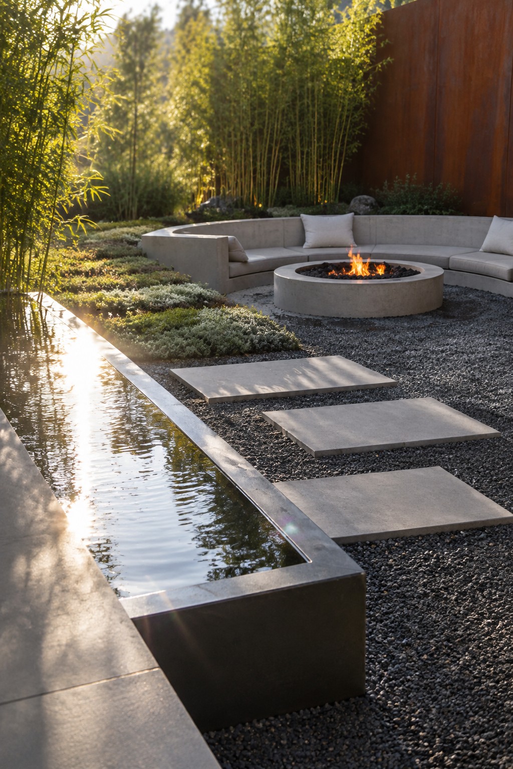 A modern backyard landscape showing a long rectangular concrete water channel next to gravel with three large stepping stones, a round concrete fire pit with seating, and tall bamboo along the edge.