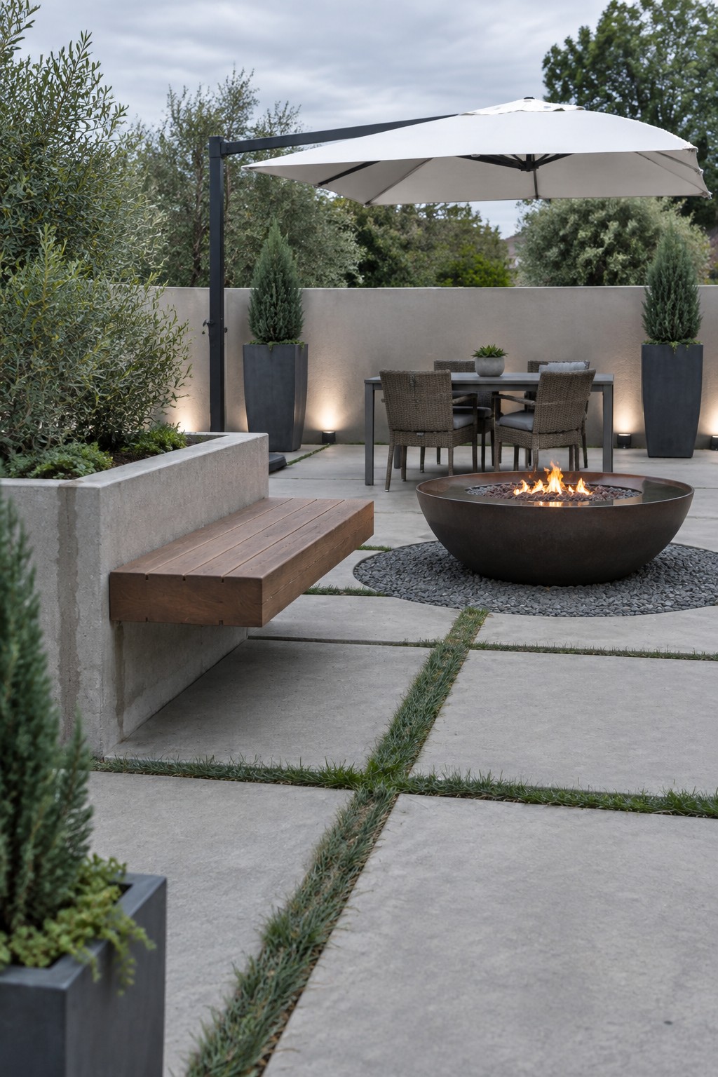 A backyard patio with large square concrete pavers separated by narrow grass strips, a round metal fire pit on gravel, a built-in wood bench, and tall planters along a stucco wall.