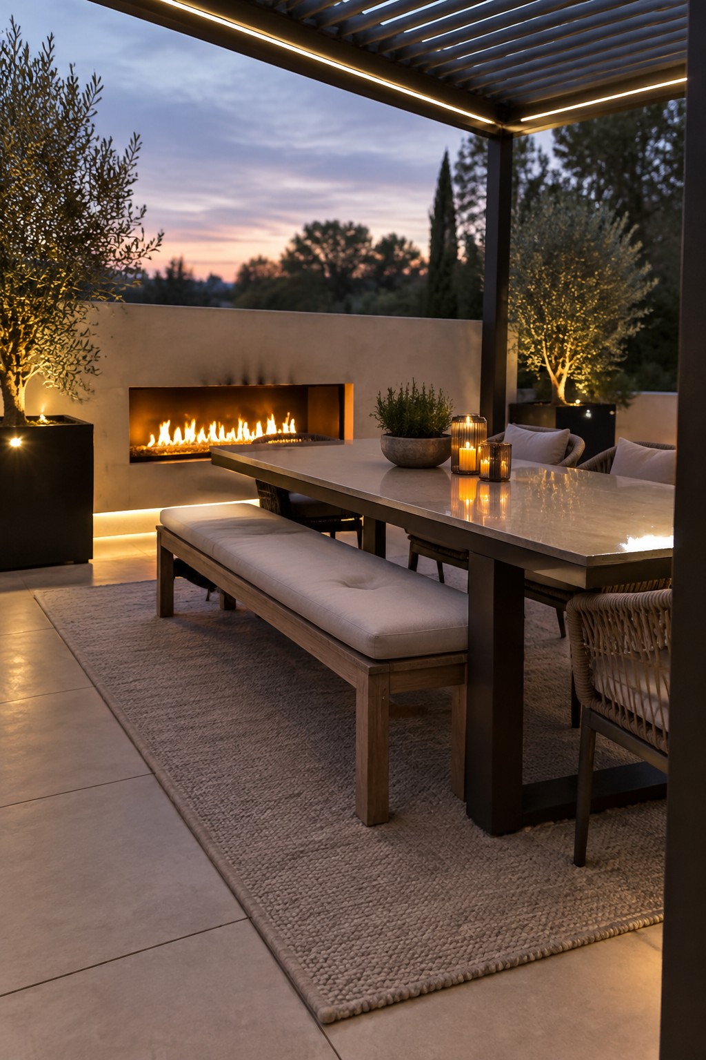 An outdoor patio at dusk features a long dining table with bench seating under a modern slatted pergola with integrated lighting, a cushioned bench on a rug, and a linear fireplace set into a stucco wall.