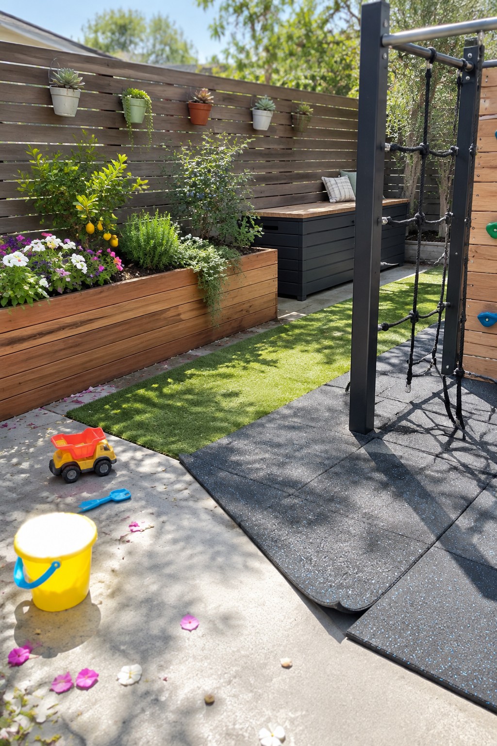 Sunny backyard with wooden planters, climbing gym, rubber mats, and scattered toys.