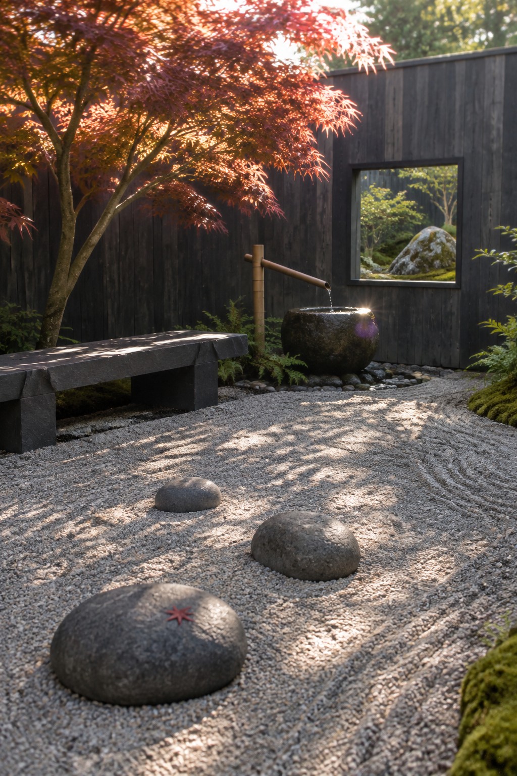 A backyard garden with raked gravel, large stepping stones, a stone water basin fed by bamboo, and a dark wood fence.