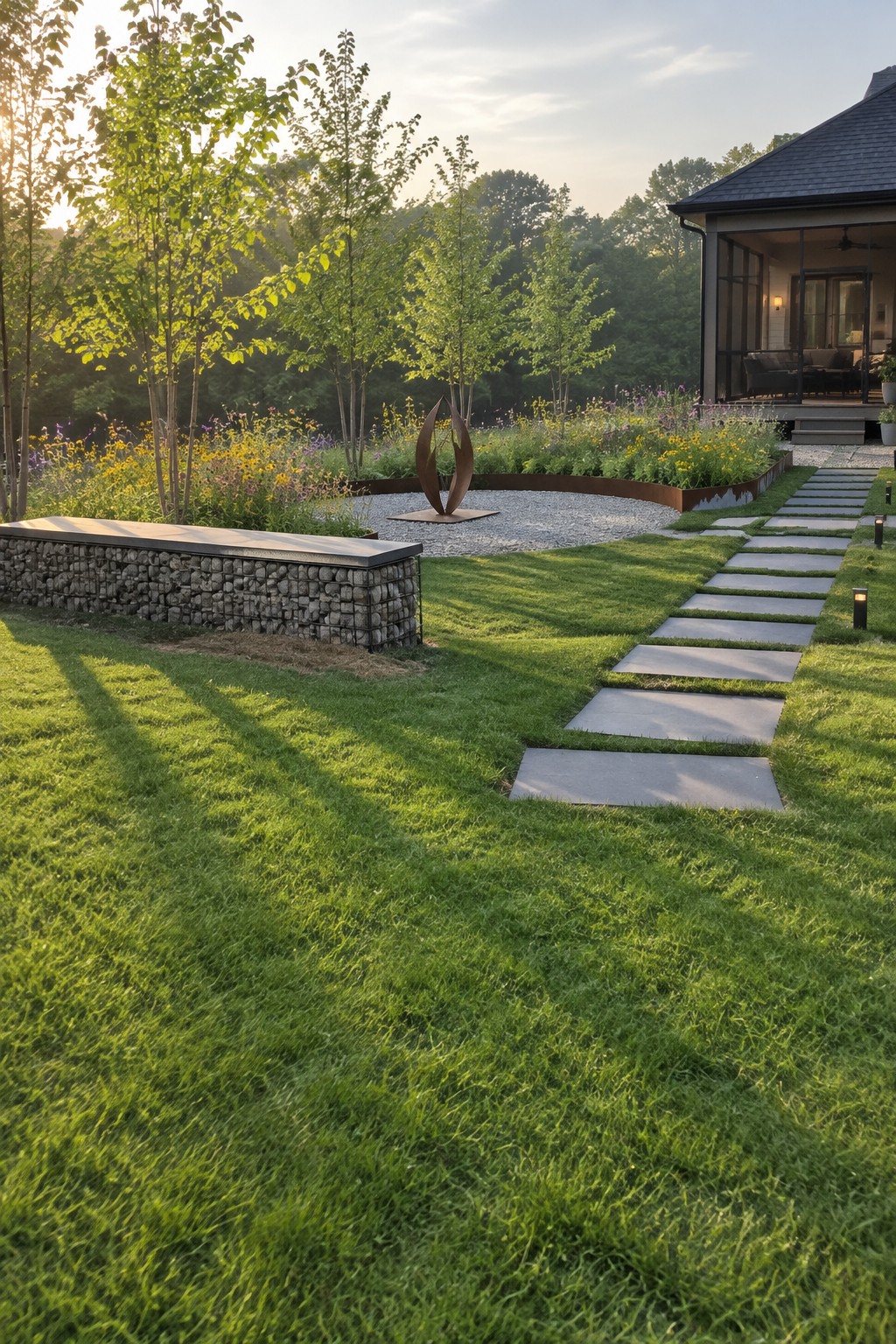 Stepping stone path across lawn to modern house beside wildflower garden and metal sculpture.