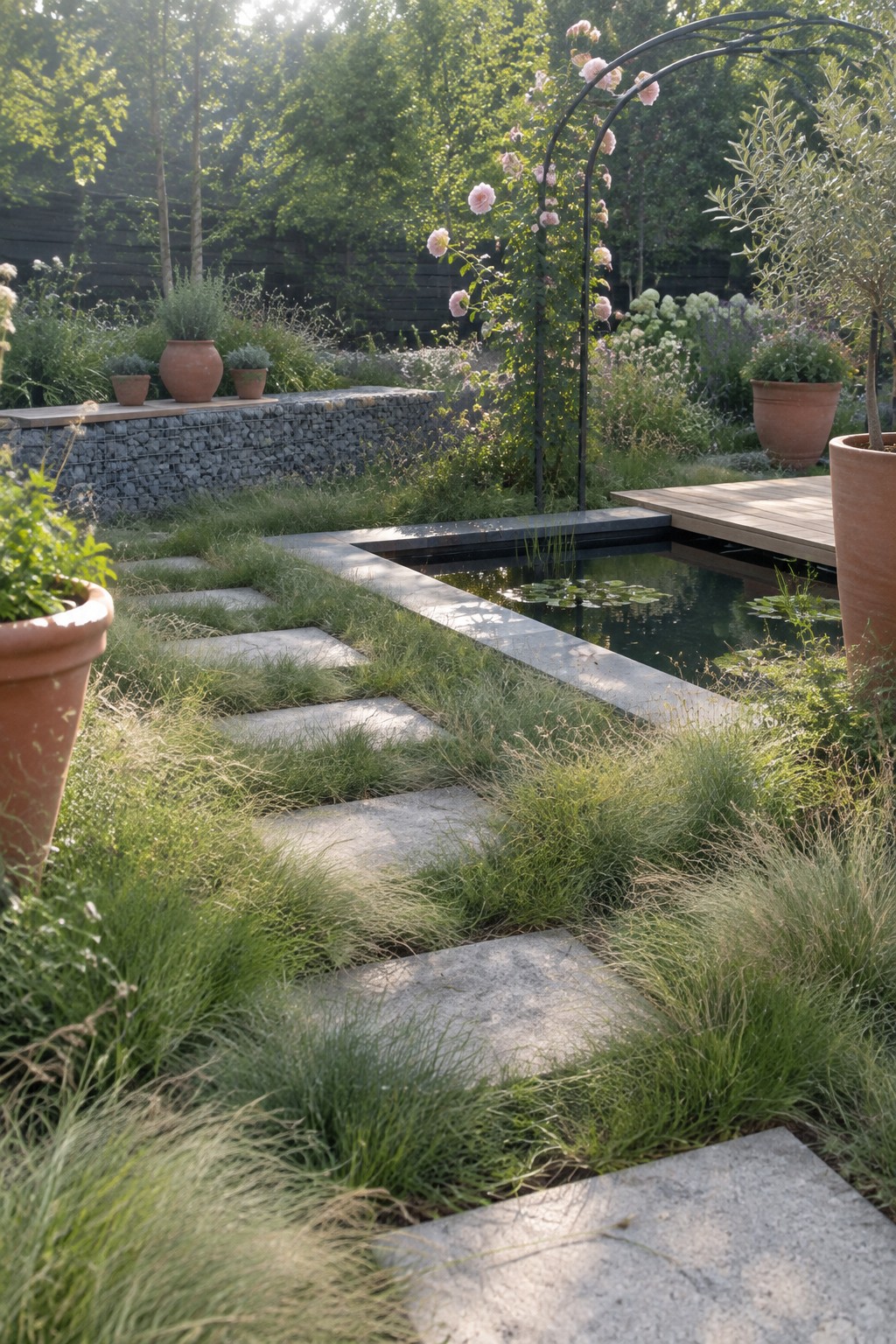 Rectangular stone stepping stones set into grass lead toward a rectangular pool with clean stone edging, surrounded by potted plants and an arched rose trellis.