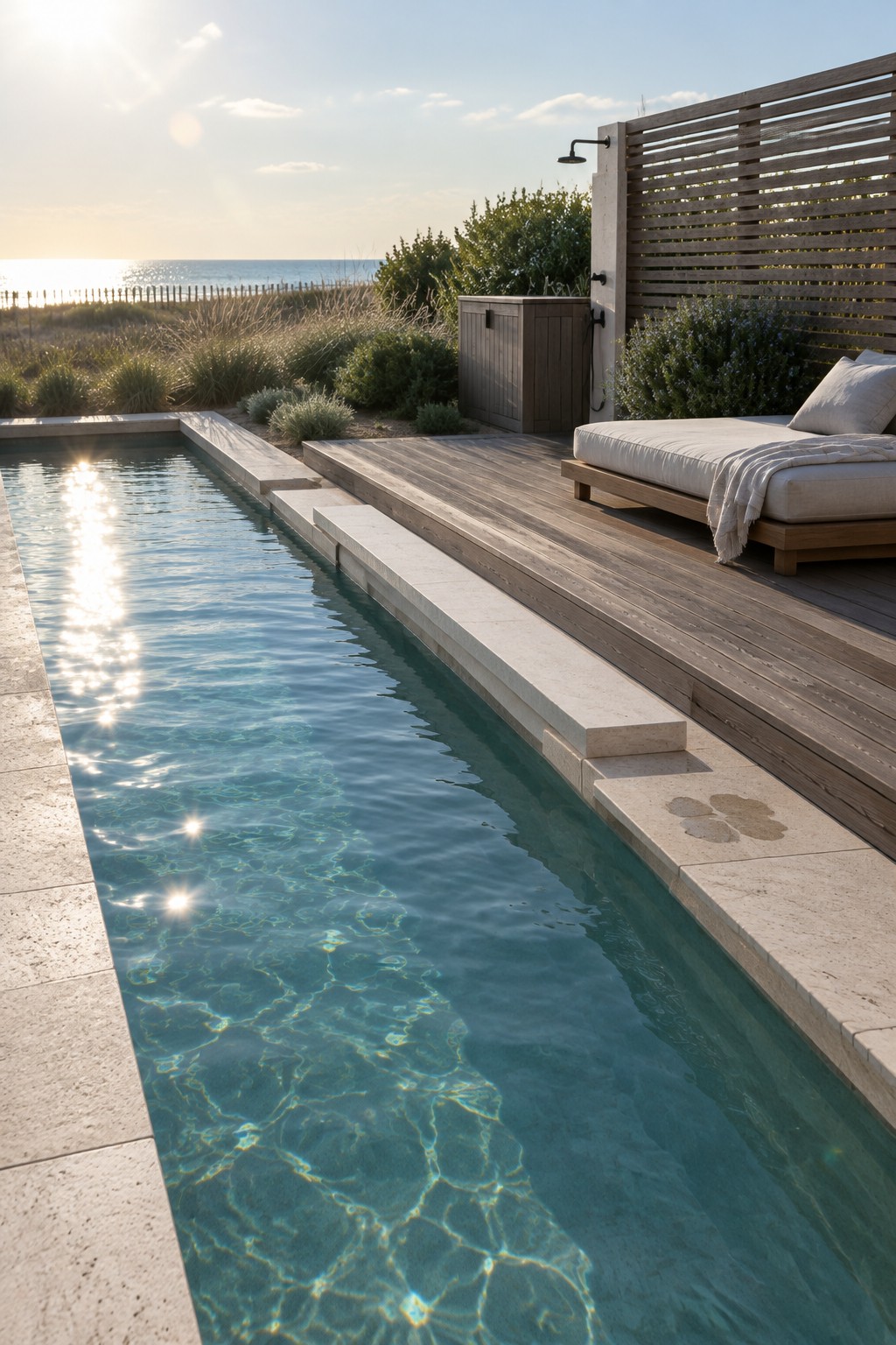 A long rectangular pool with light stone coping sits next to a wooden deck that holds an outdoor daybed and shower, with ocean views in the background.