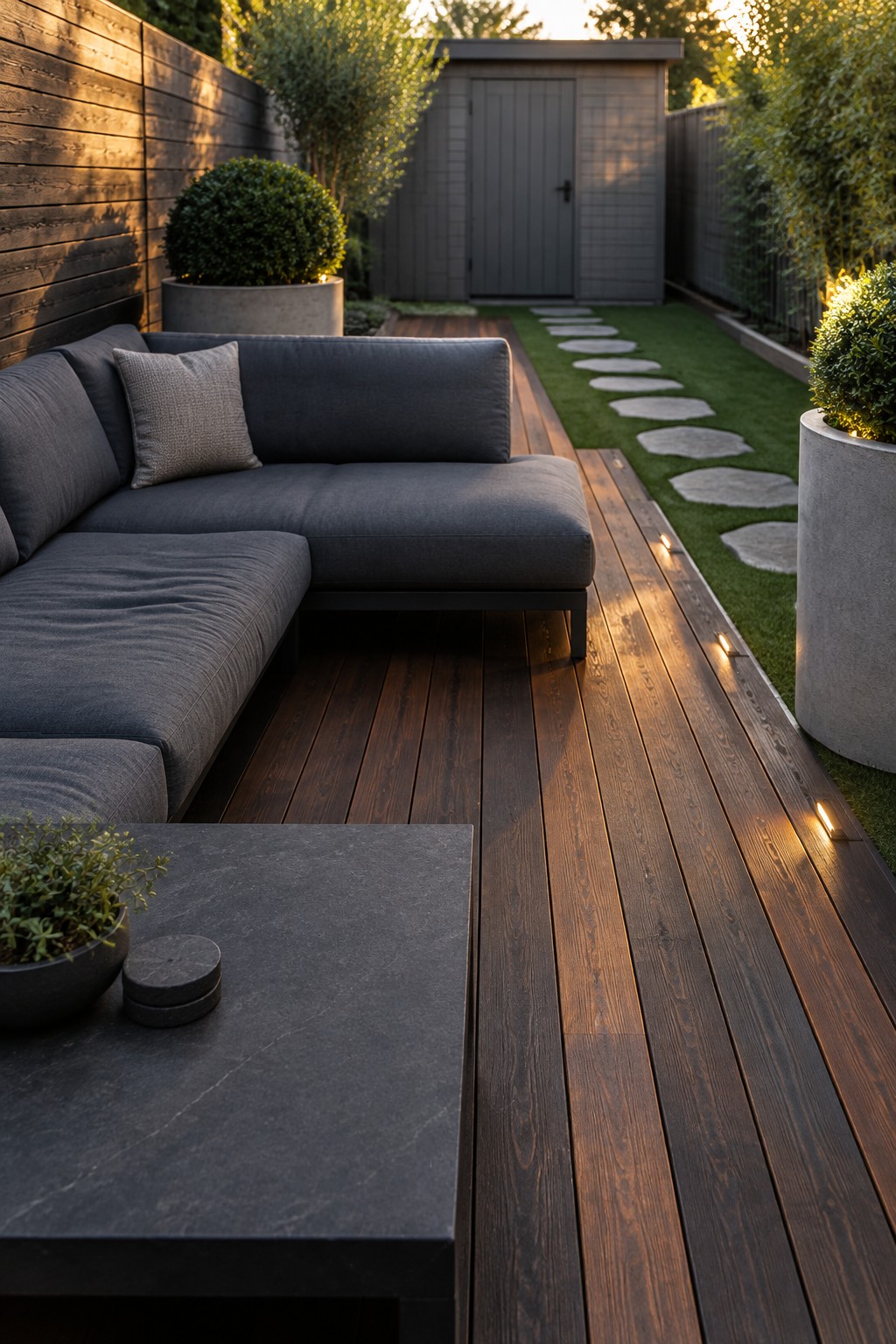 A modern backyard shows a dark wood deck with an L-shaped sectional sofa, a stone path through the grass, and large potted shrubs along a wooden fence.